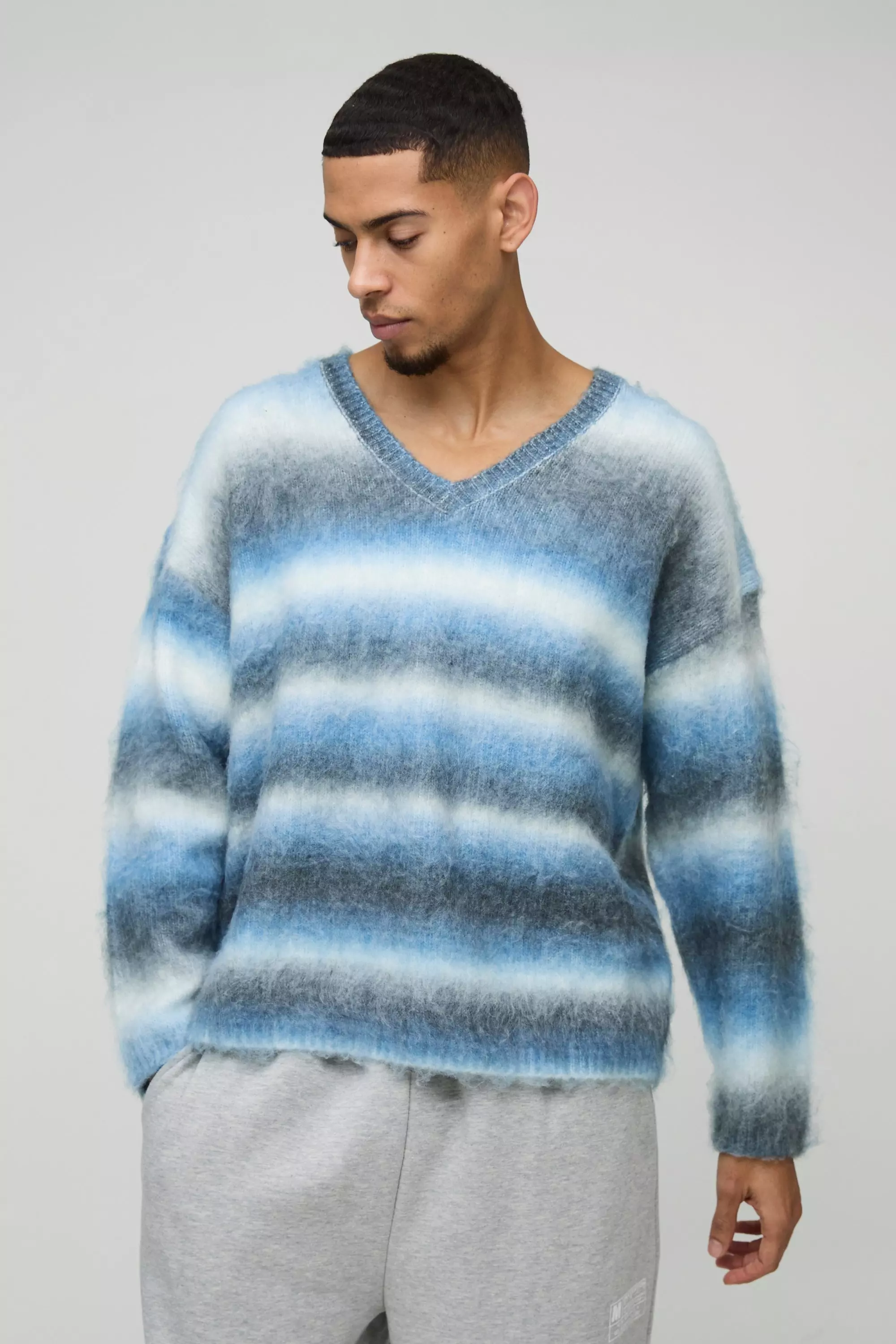 Blue Oversized Boxy Brushed Stripe V Neck Knitted Sweater