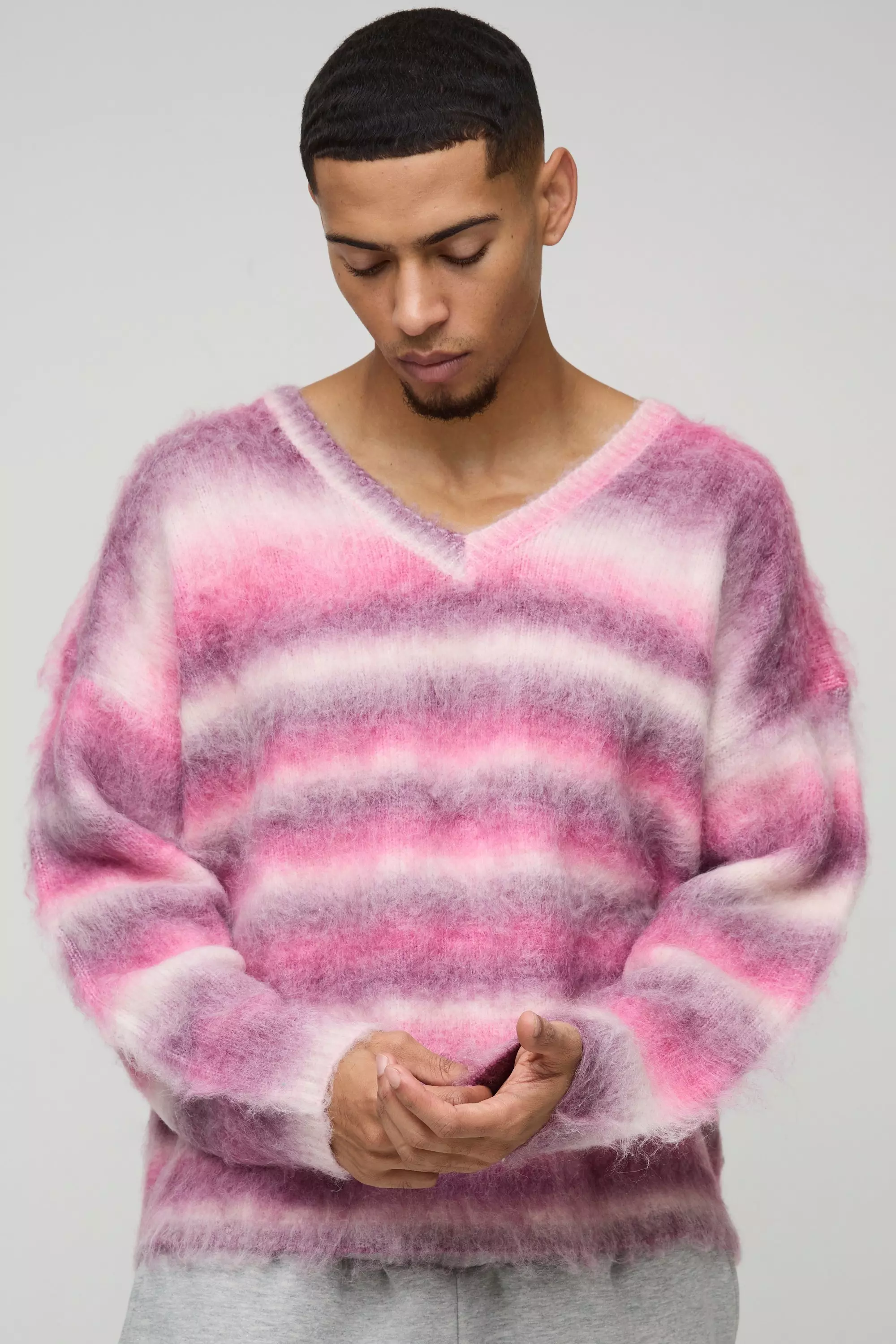 Pink Oversized Boxy Brushed Stripe V Neck Knitted Sweater