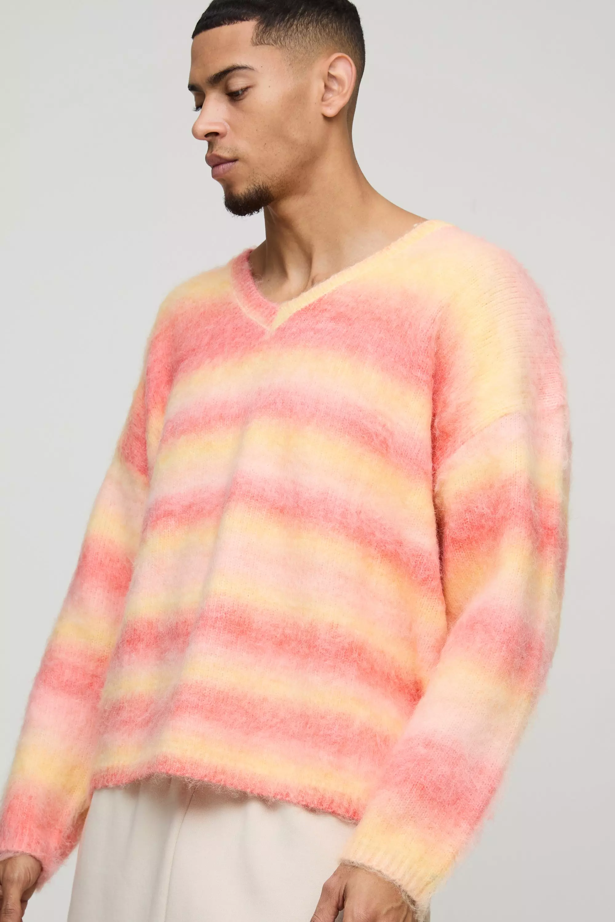 Oversized Boxy Brushed Stripe V Neck Knitted Sweater Orange