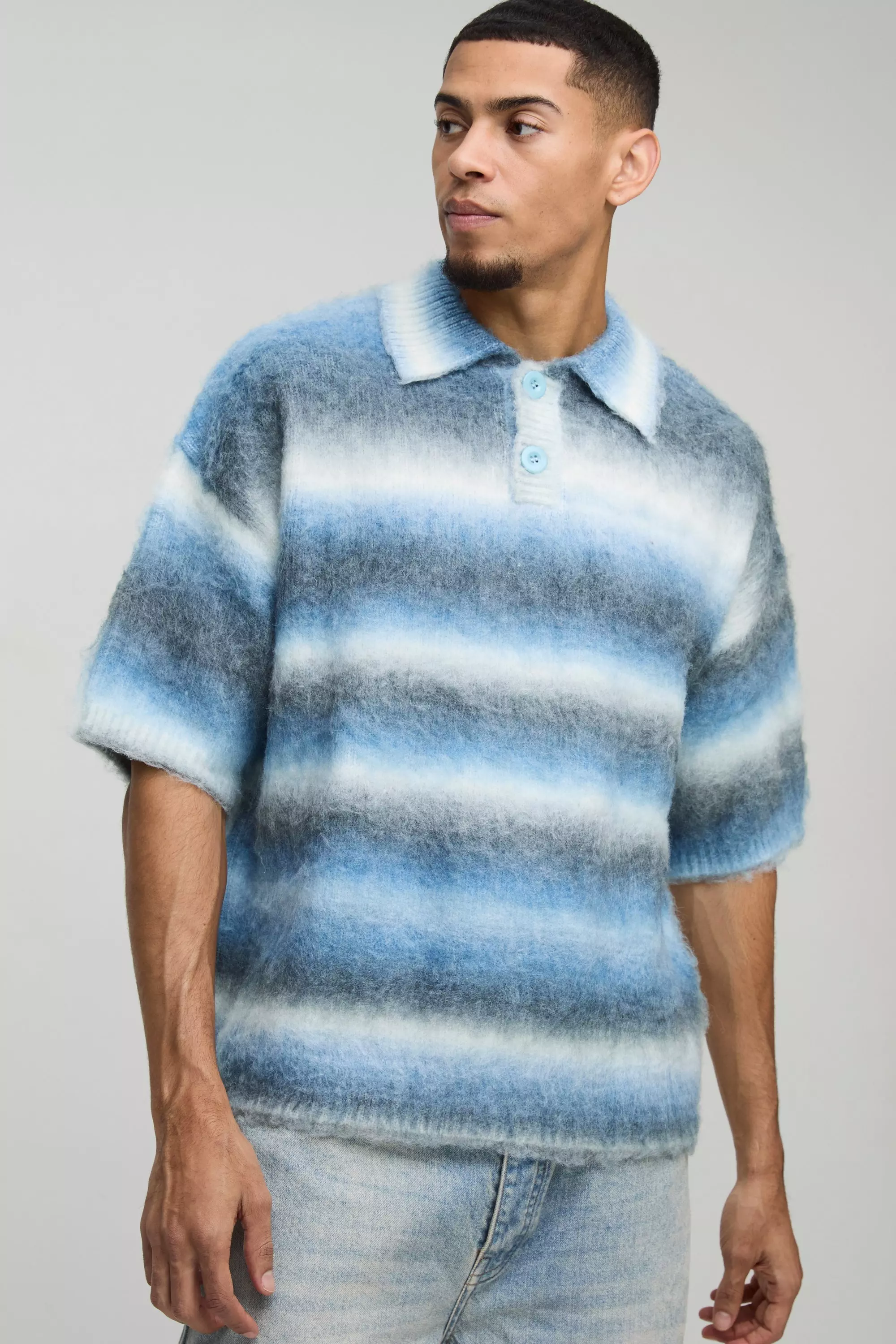 Oversized Brushed Stripe Short Sleeve Knitted Polo Blue