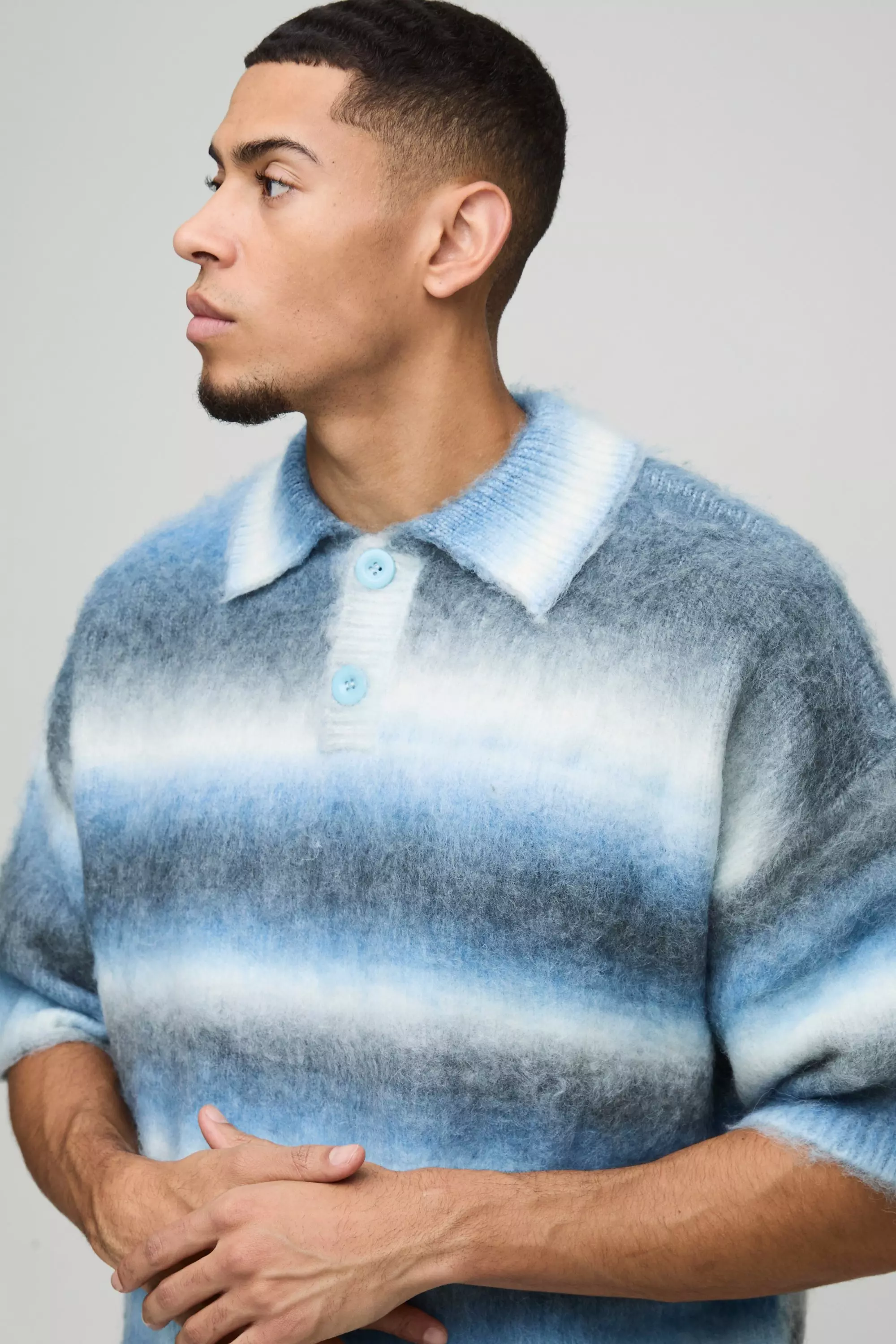 Kurzärmliges Oversize Poloshirt mit Streifen, Blue alternatives Bild
