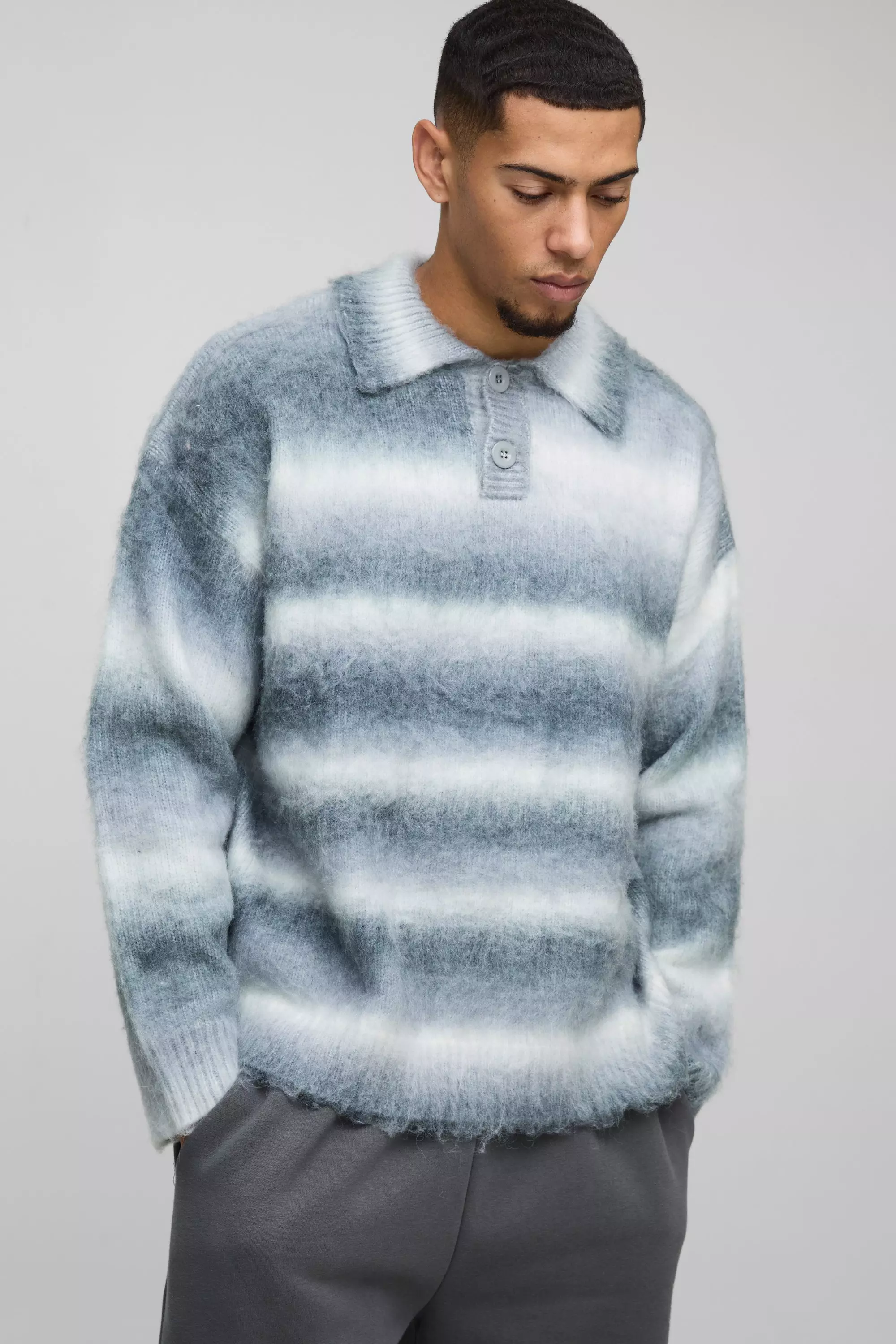 Grey Oversized Brushed Stripe Knitted Rugby Polo alternative image