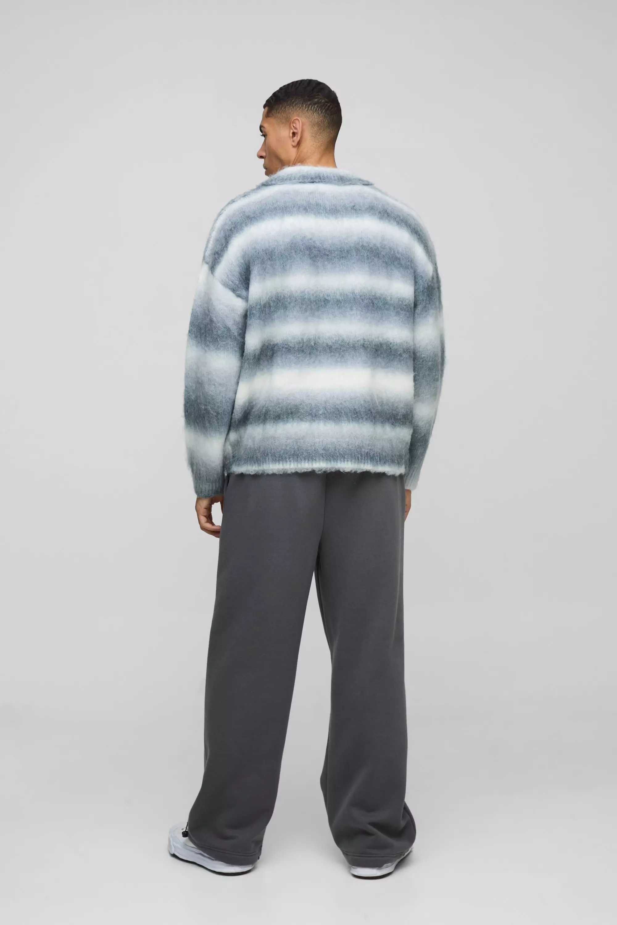 Grey Oversized Brushed Stripe Knitted Rugby Polo alternative image