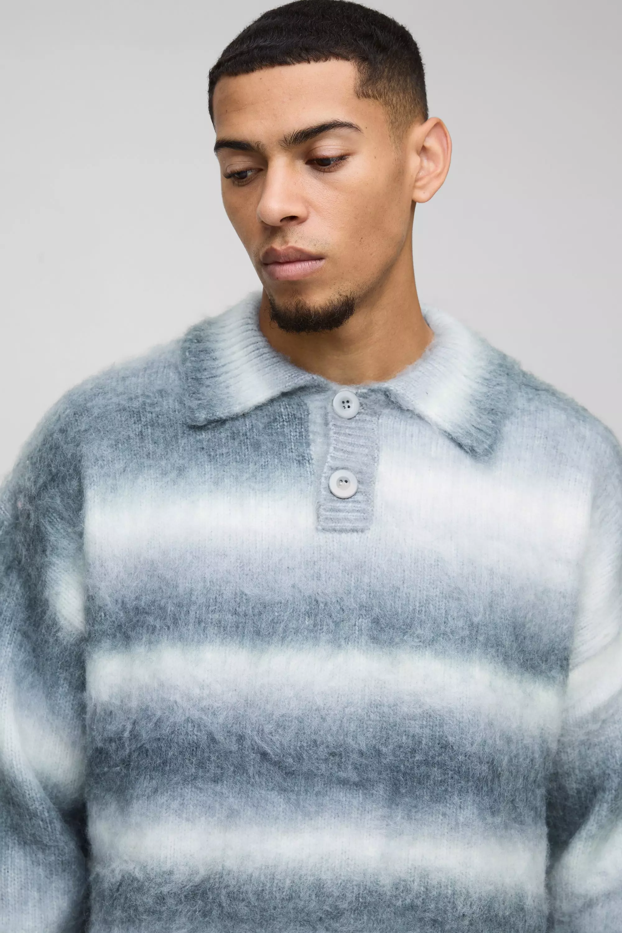 Grey Oversized Brushed Stripe Knitted Rugby Polo alternative image