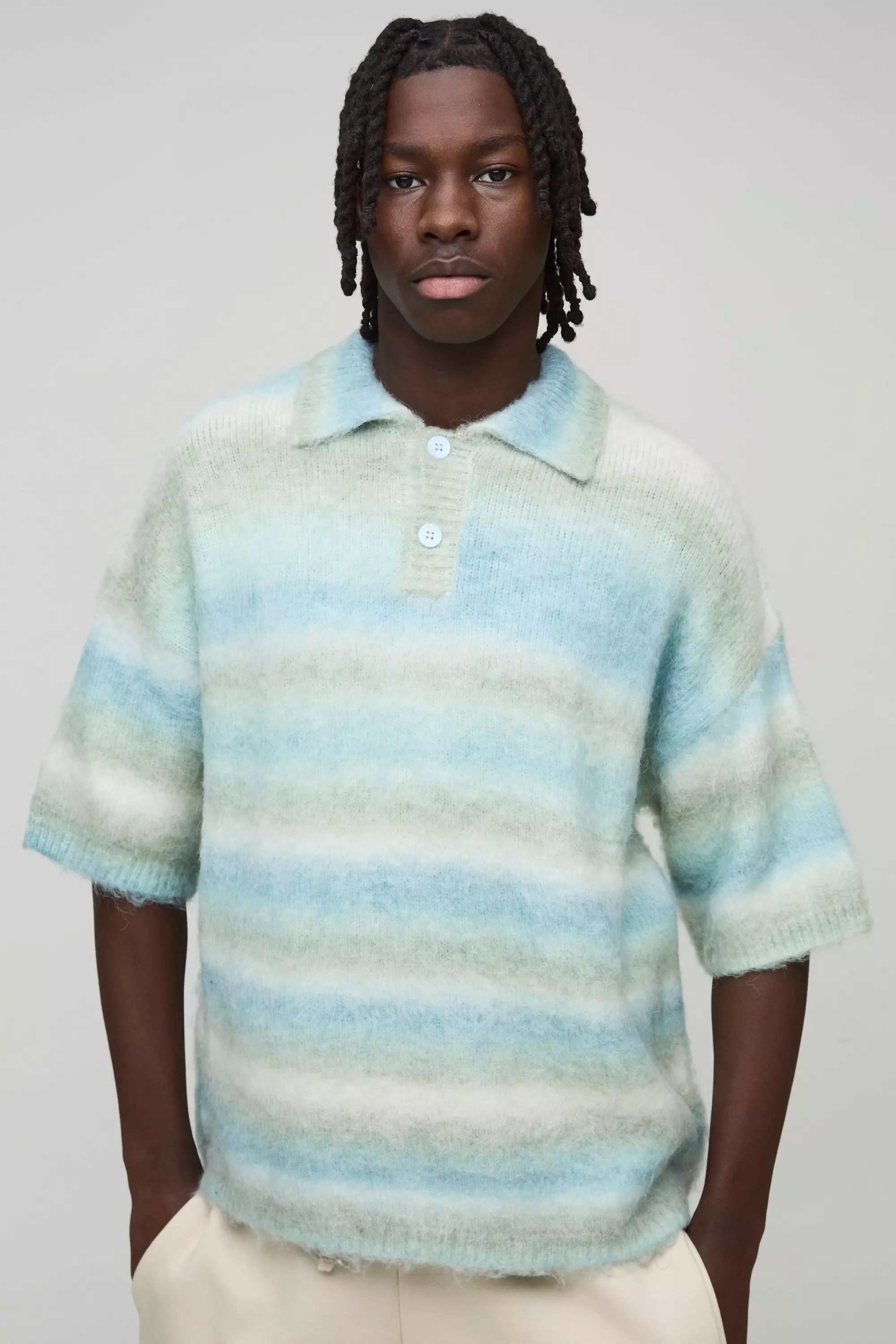 Oversized Brushed Stripe Short Sleeve Knitted Polo Green