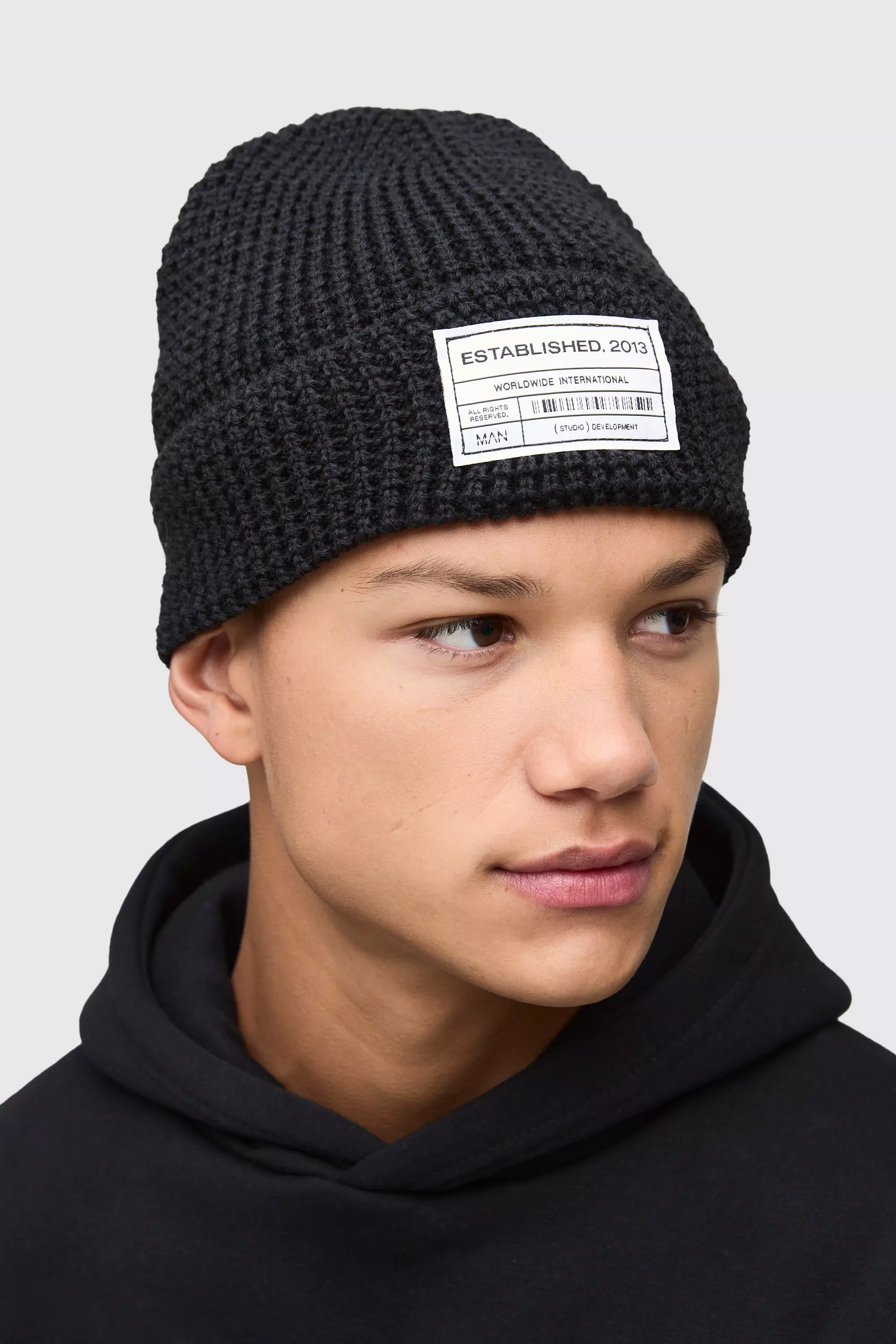 Berretto Beanie In Maglia Con Trama A Nido D’Ape , Black immagine alternativa