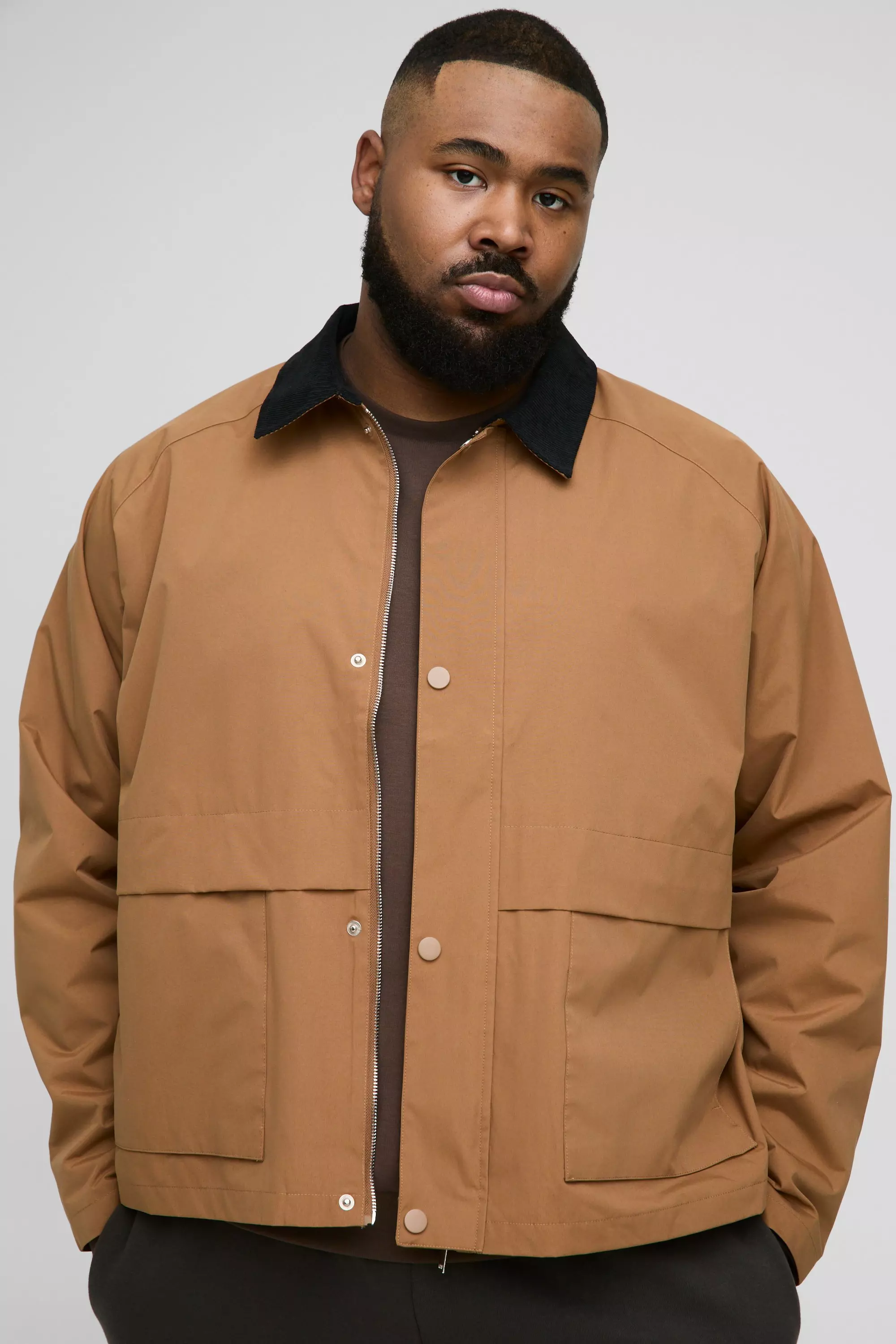 Plus Boxy Cord Collar Worker Jacket In Tan Tan