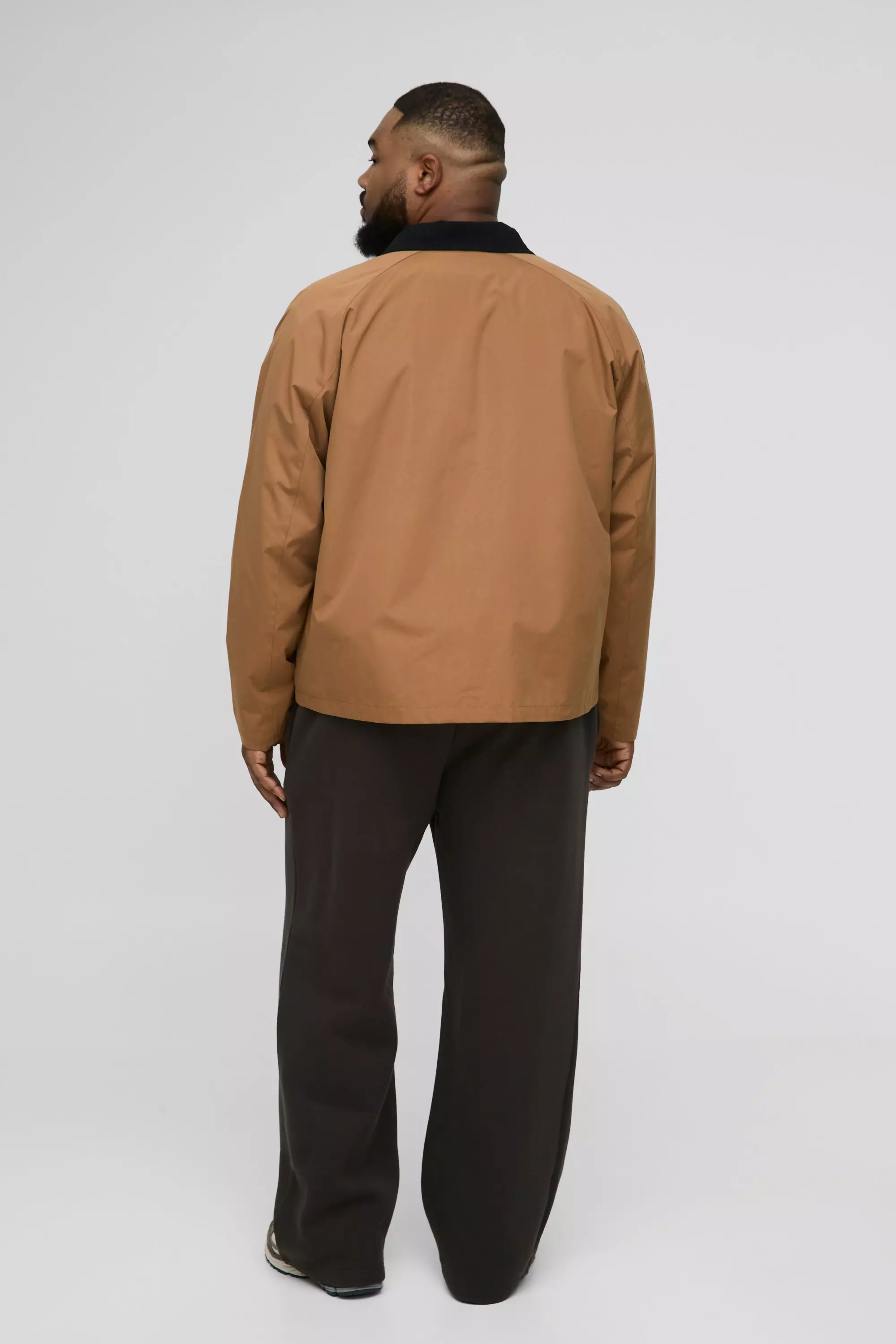 Plus Boxy Cord Collar Worker Jacket In Tan | boohooMAN USA