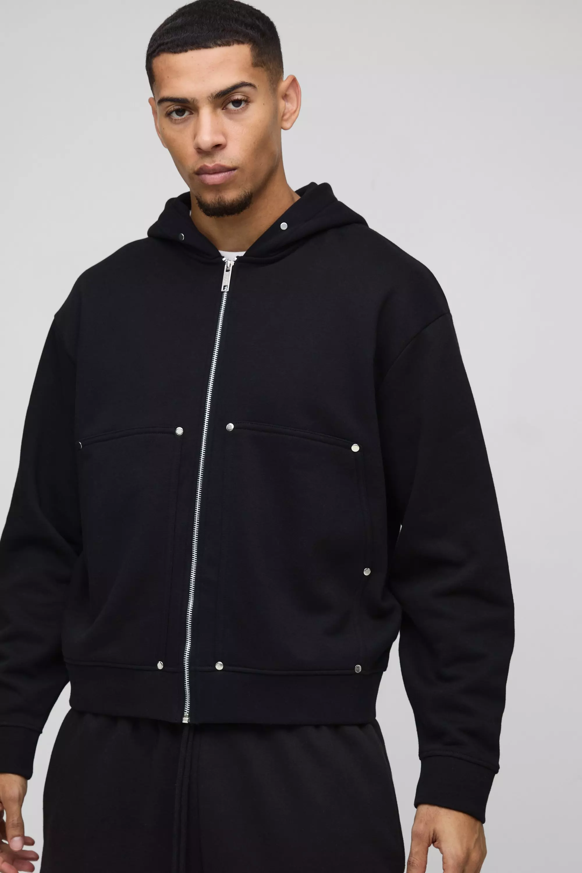 Oversized Boxy Zip Through Carpenter Hoodie | boohooMAN