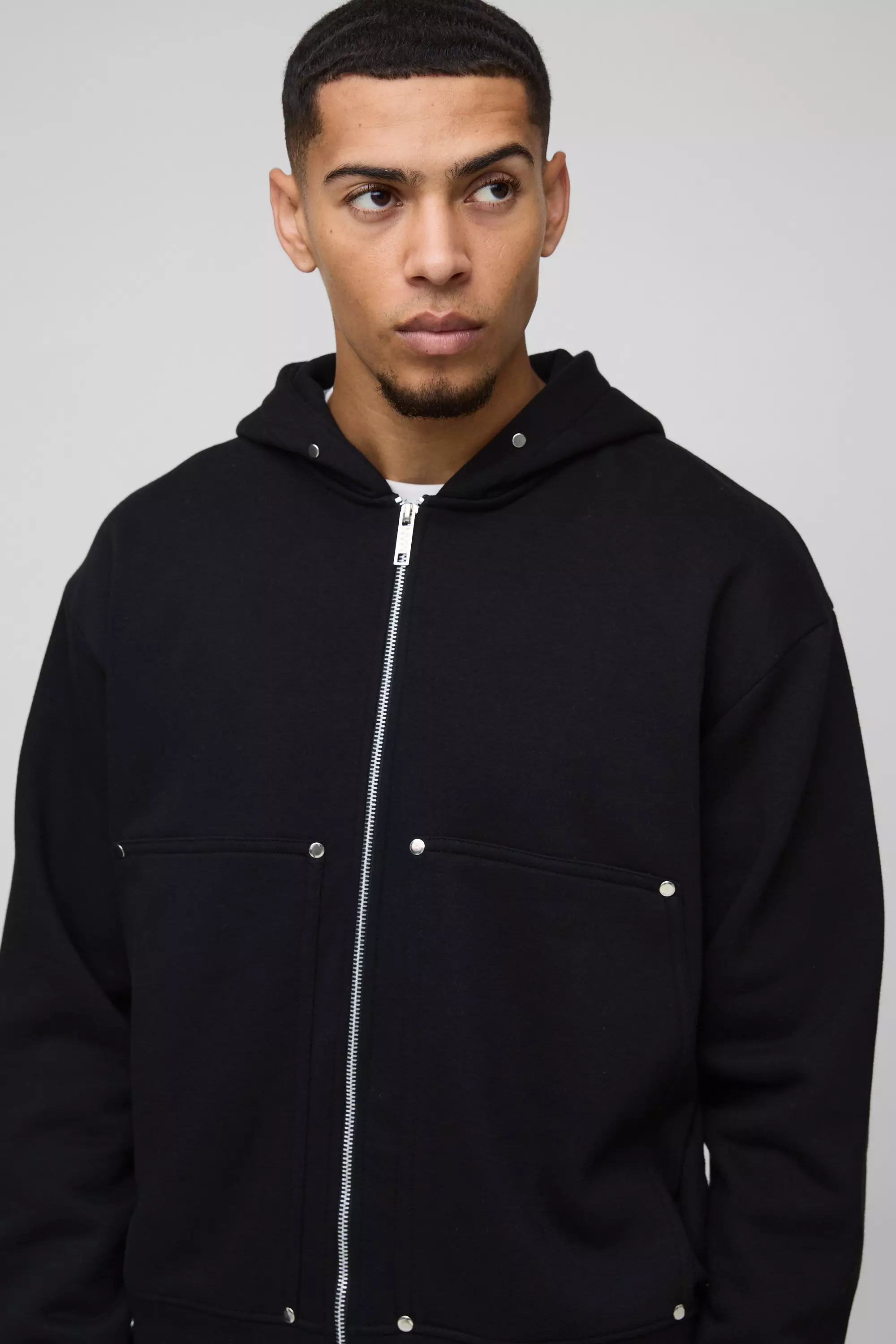 Oversized Boxy Zip Through Carpenter Hoodie | boohooMAN