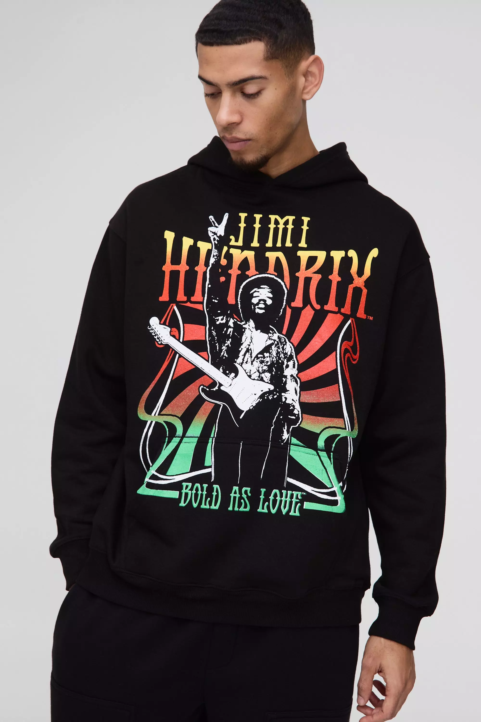 Oversized Jimi Hendrix License Print Hoodie Black