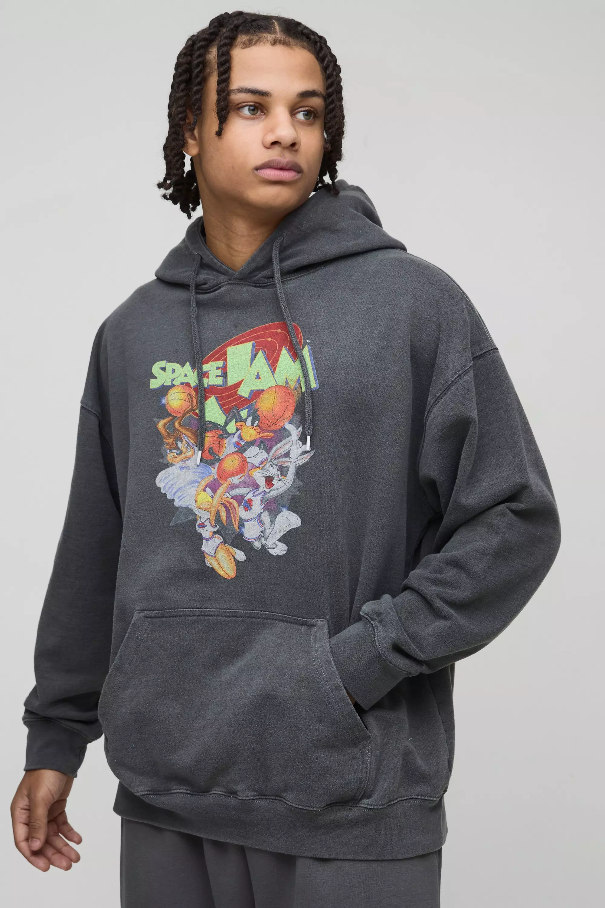 Grey Oversized Space Jam License Print Hoodie