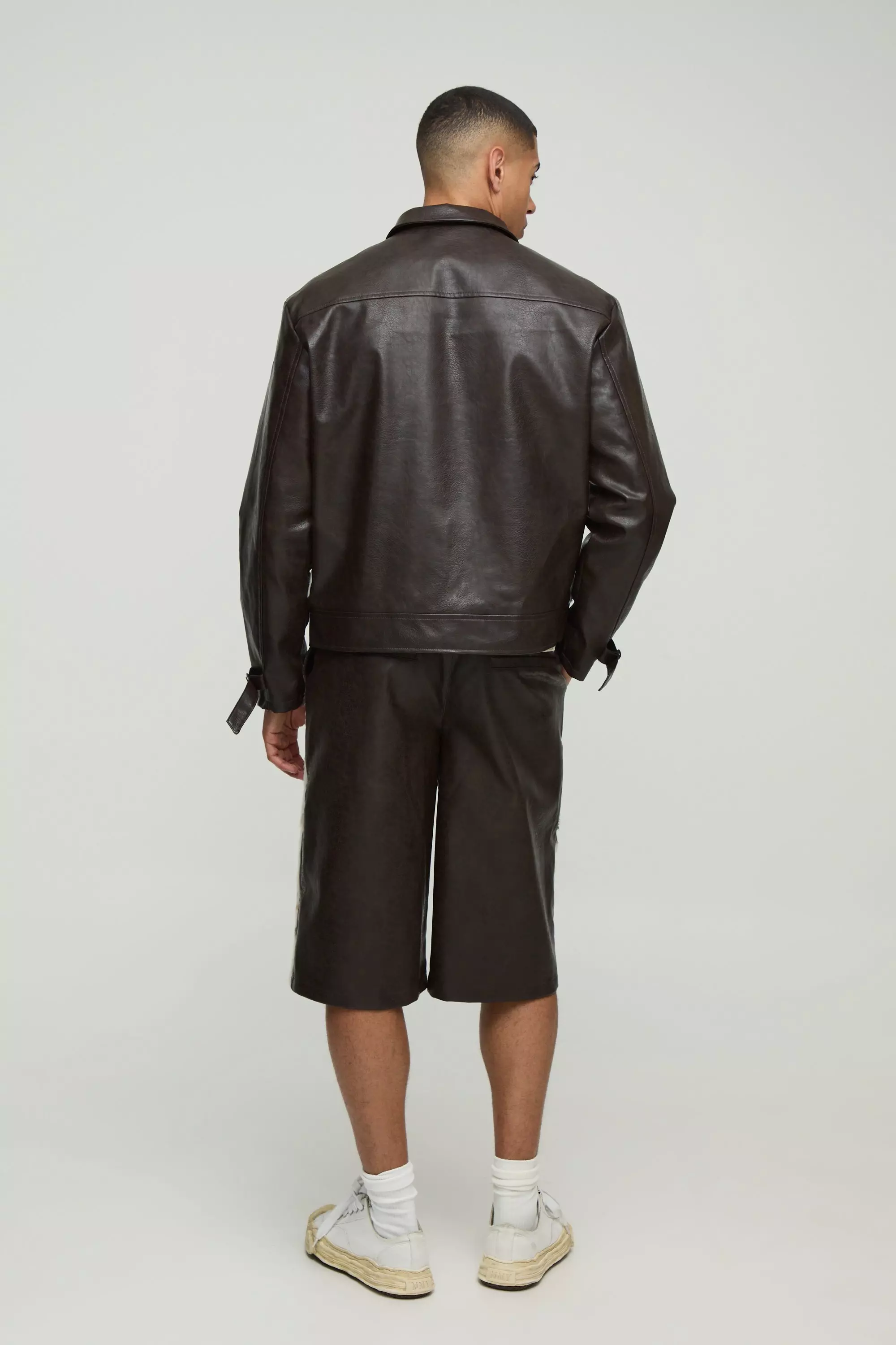 Regular Fit Cow Faux Fur Carpenter PU Jorts | boohooMAN UK