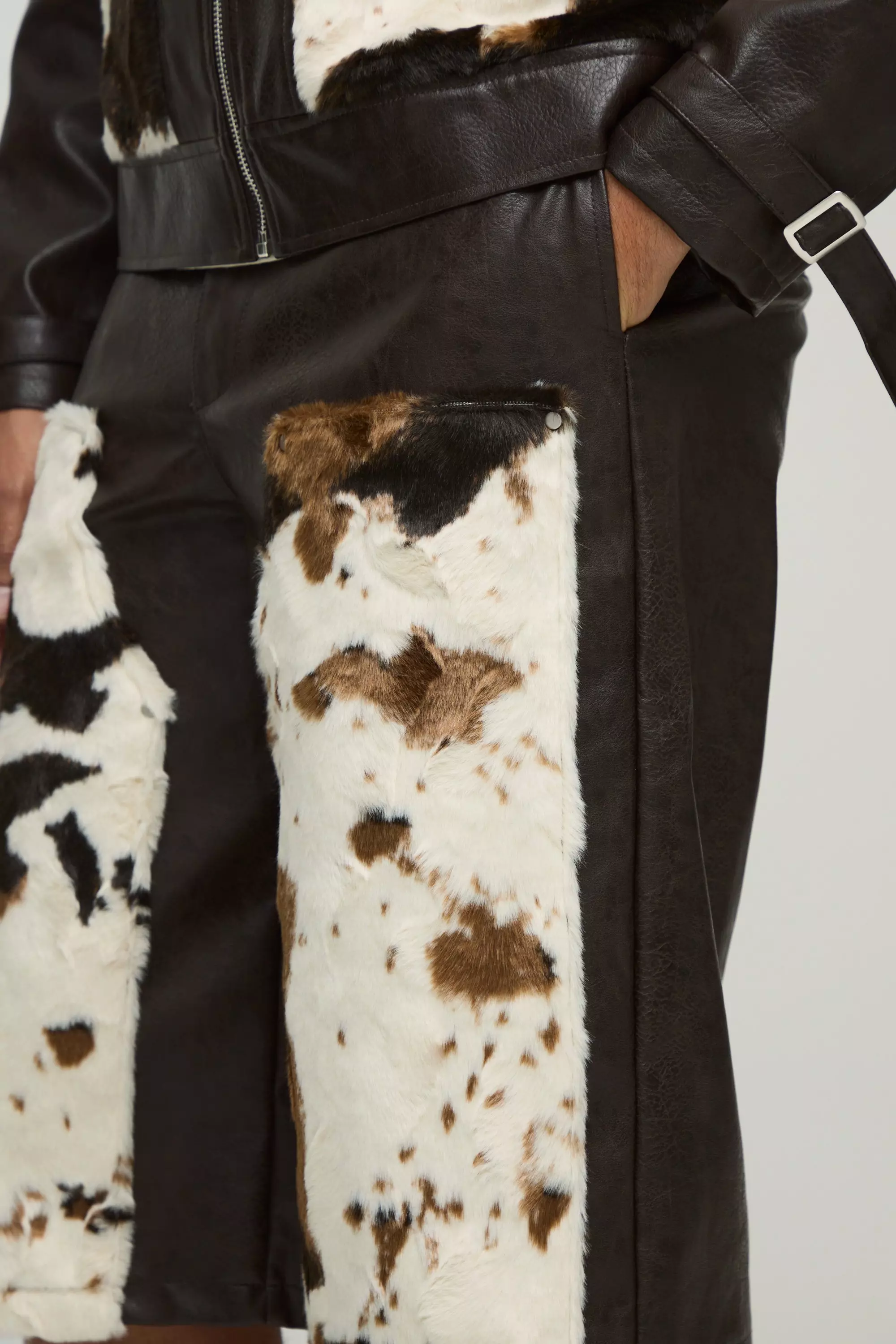 Regular Fit Cow Faux Fur Carpenter PU Jorts | boohooMAN UK