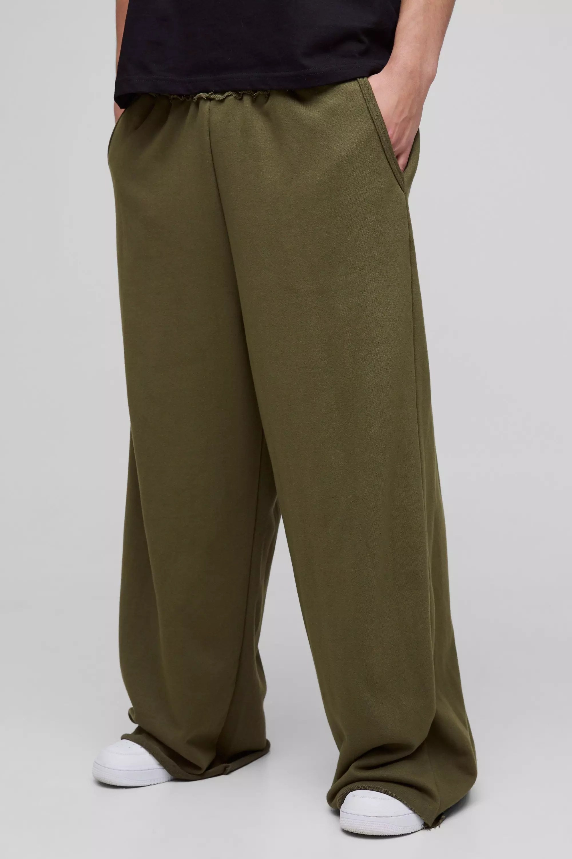 Extreme Wide Leg Raw Edge Loopback Sweatpants Khaki