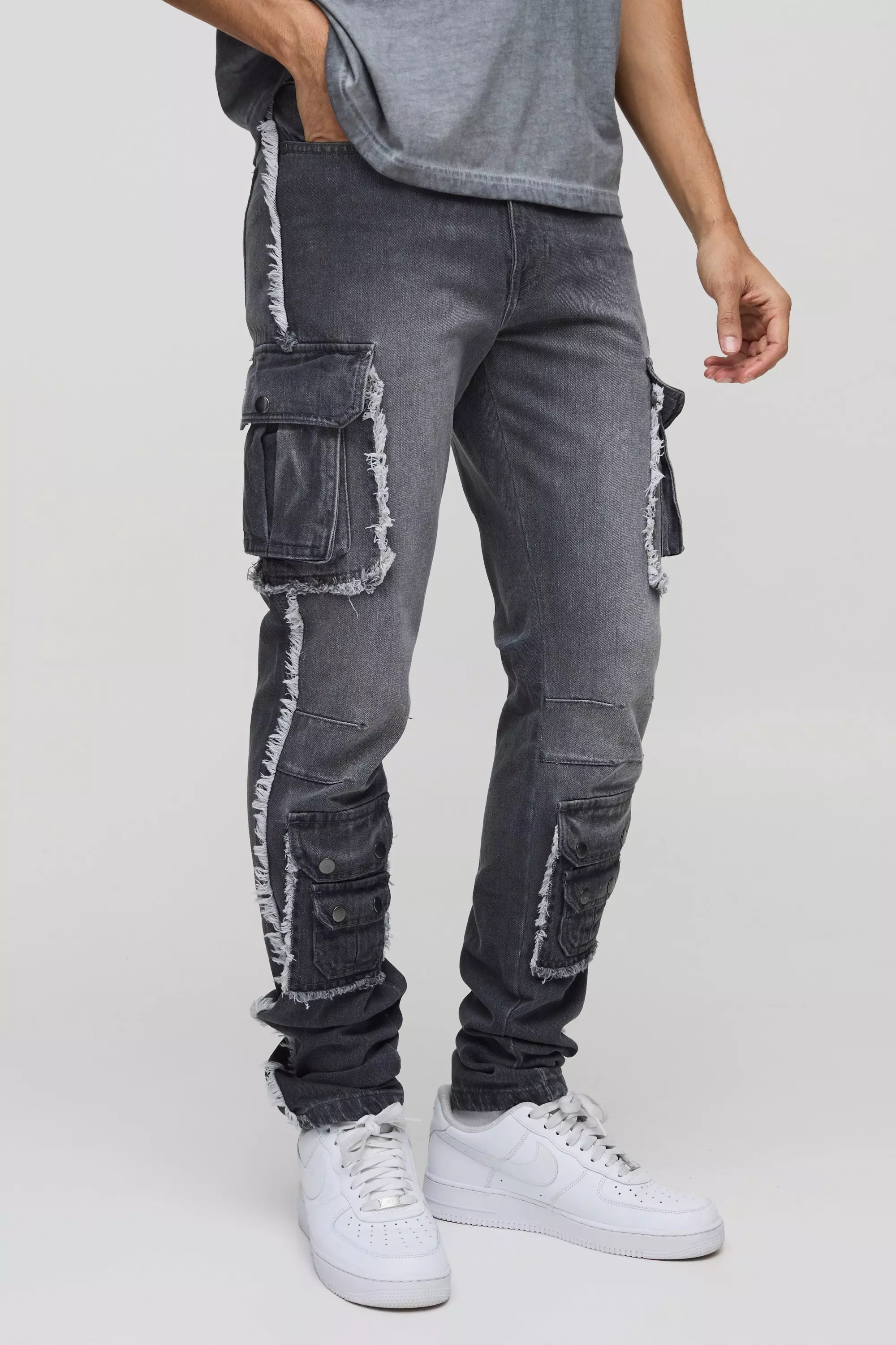 Slim Stacked Washed Cargo Popper Jeans | boohooMAN USA