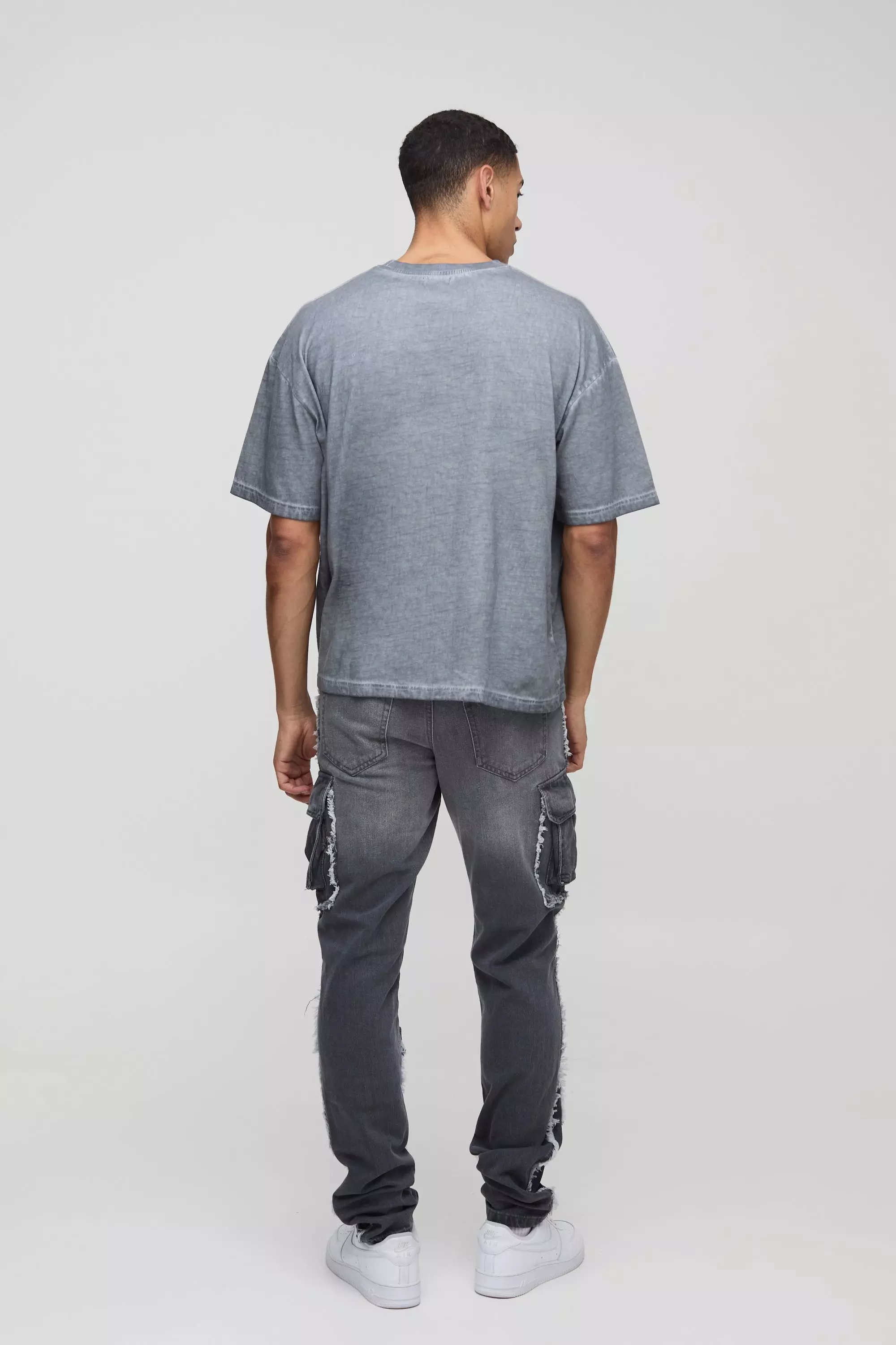 Slim Stacked Washed Cargo Popper Jeans | boohooMAN USA