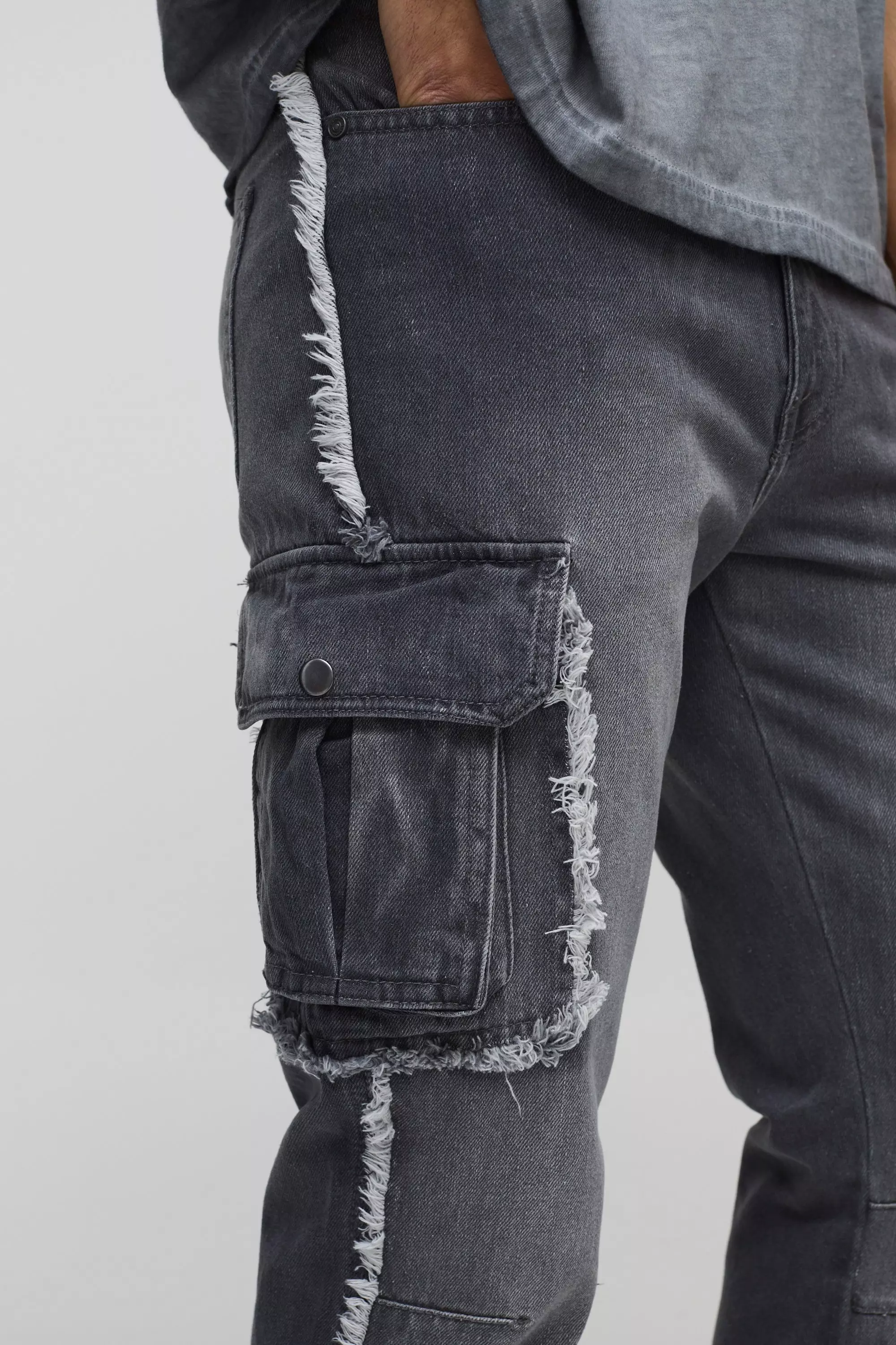 Slim Stacked Washed Cargo Popper Jeans | boohooMAN USA