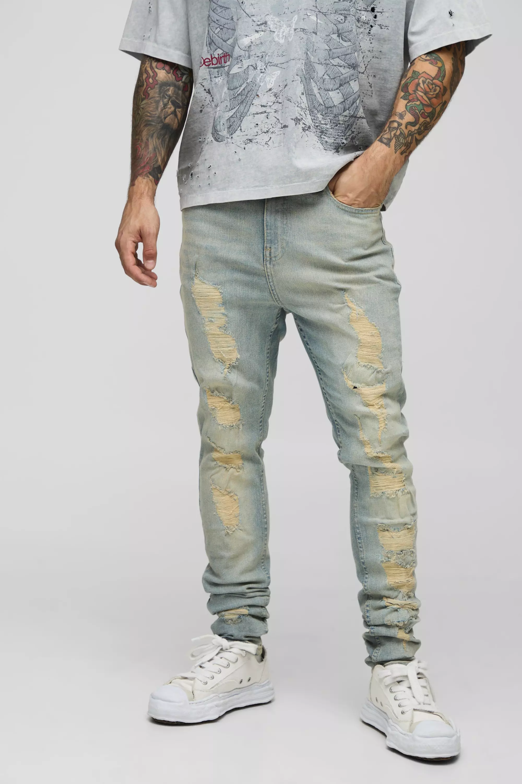 Skinny Stretch Washed Stacked Ripped Jeans | boohooMAN USA
