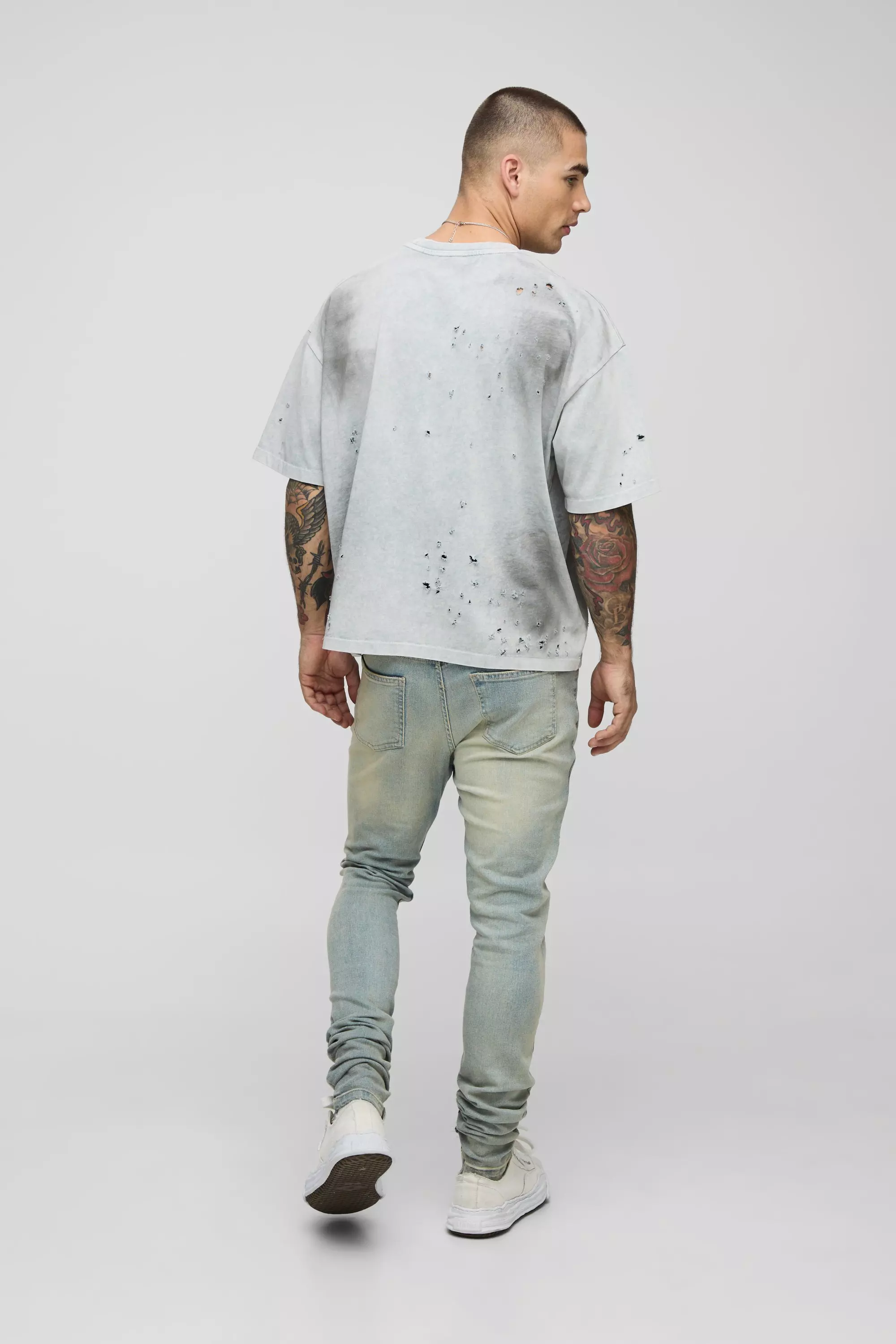 Skinny Stretch Washed Stacked Ripped Jeans | boohooMAN USA