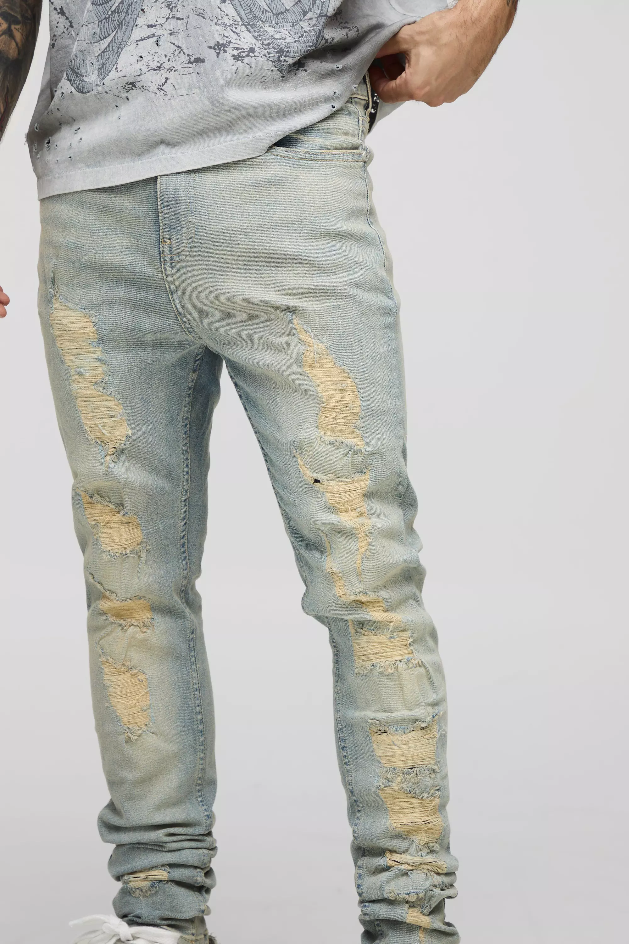 Skinny Stretch Washed Stacked Ripped Jeans | boohooMAN USA