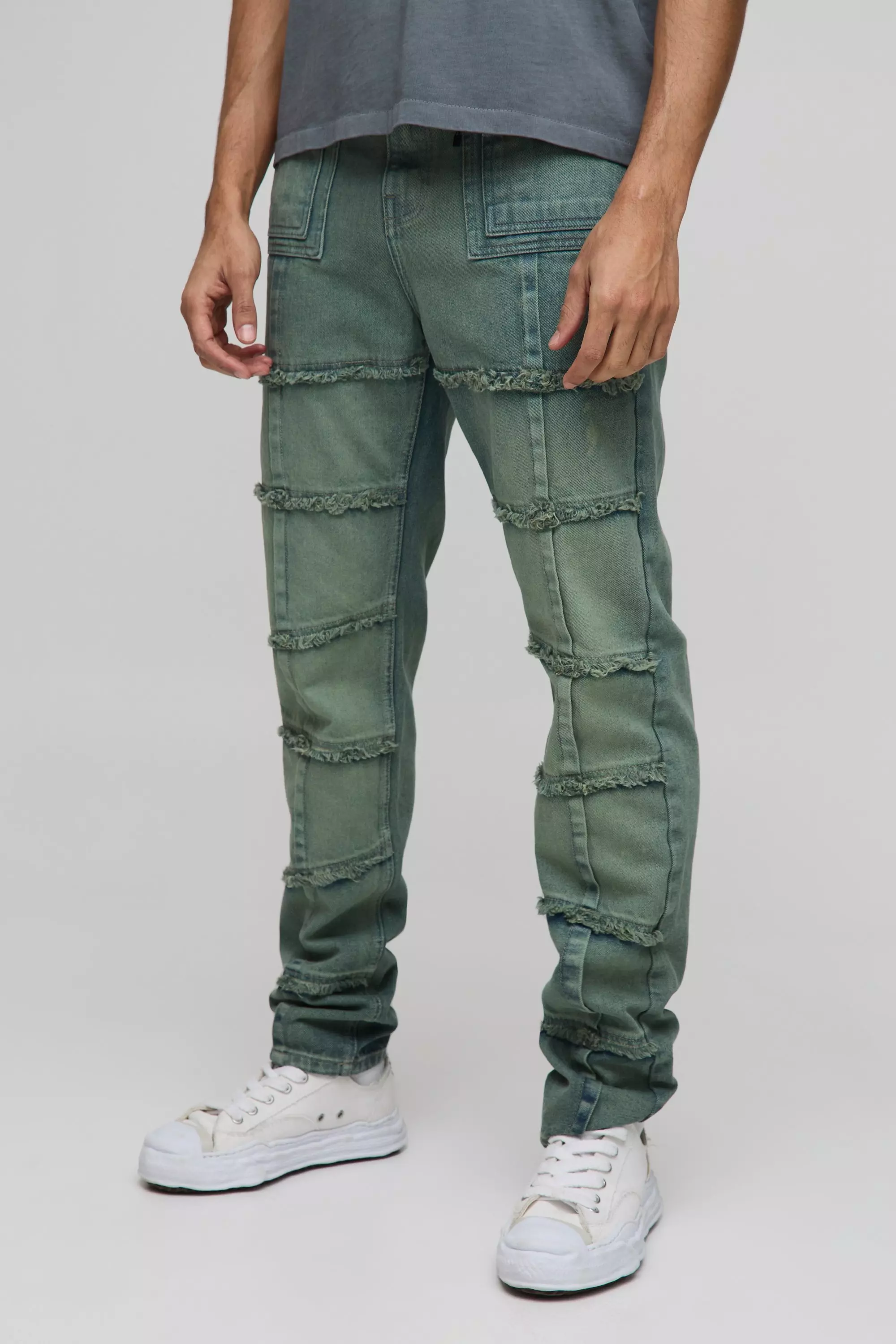 Slim Rigid Stacked Distressed Seam Detail Jeans Khaki