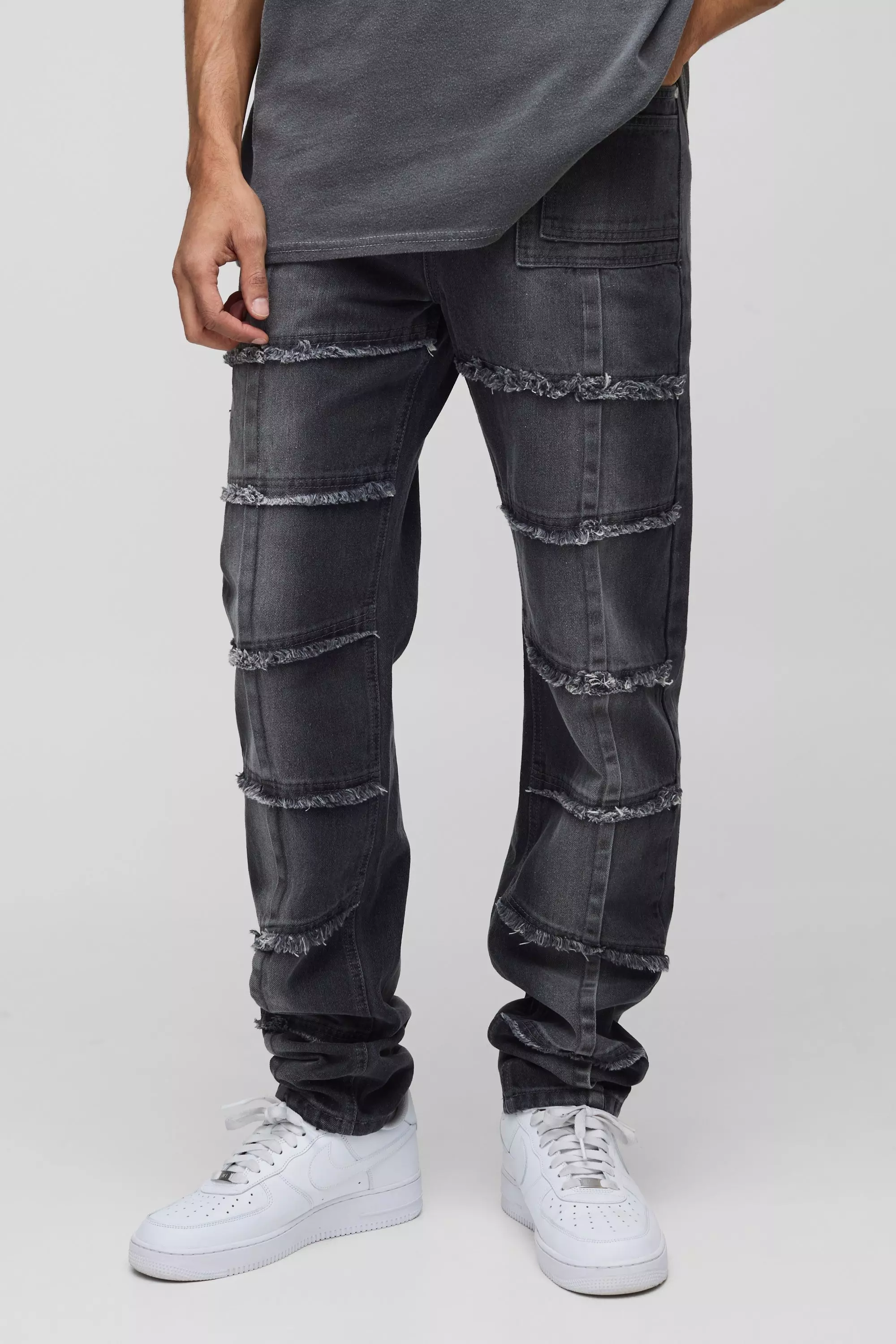 Slim Rigid Stacked Distressed Seam Detail Jeans Mid grey