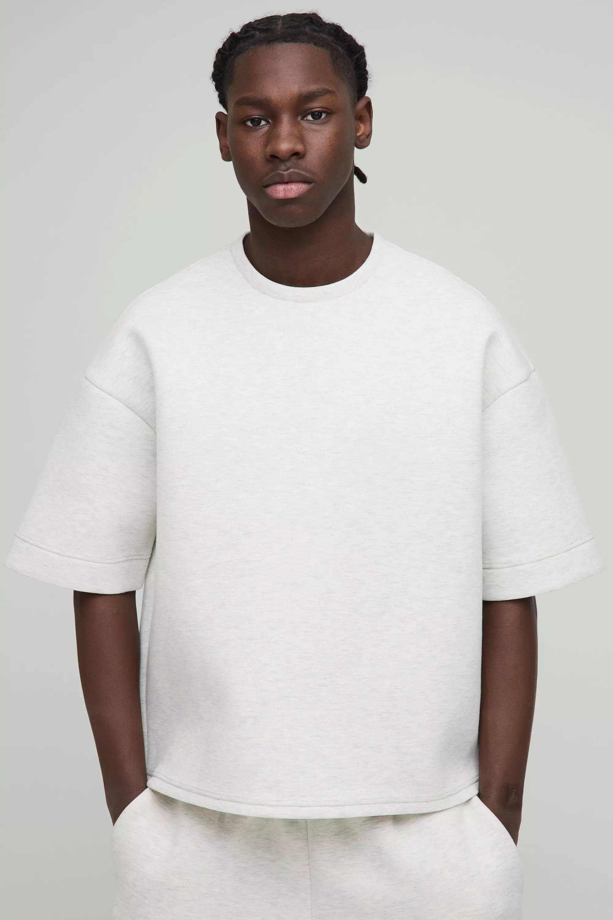 Oversized Boxy Half Sleeve Bonded Scuba Sweatshirt Grey marl