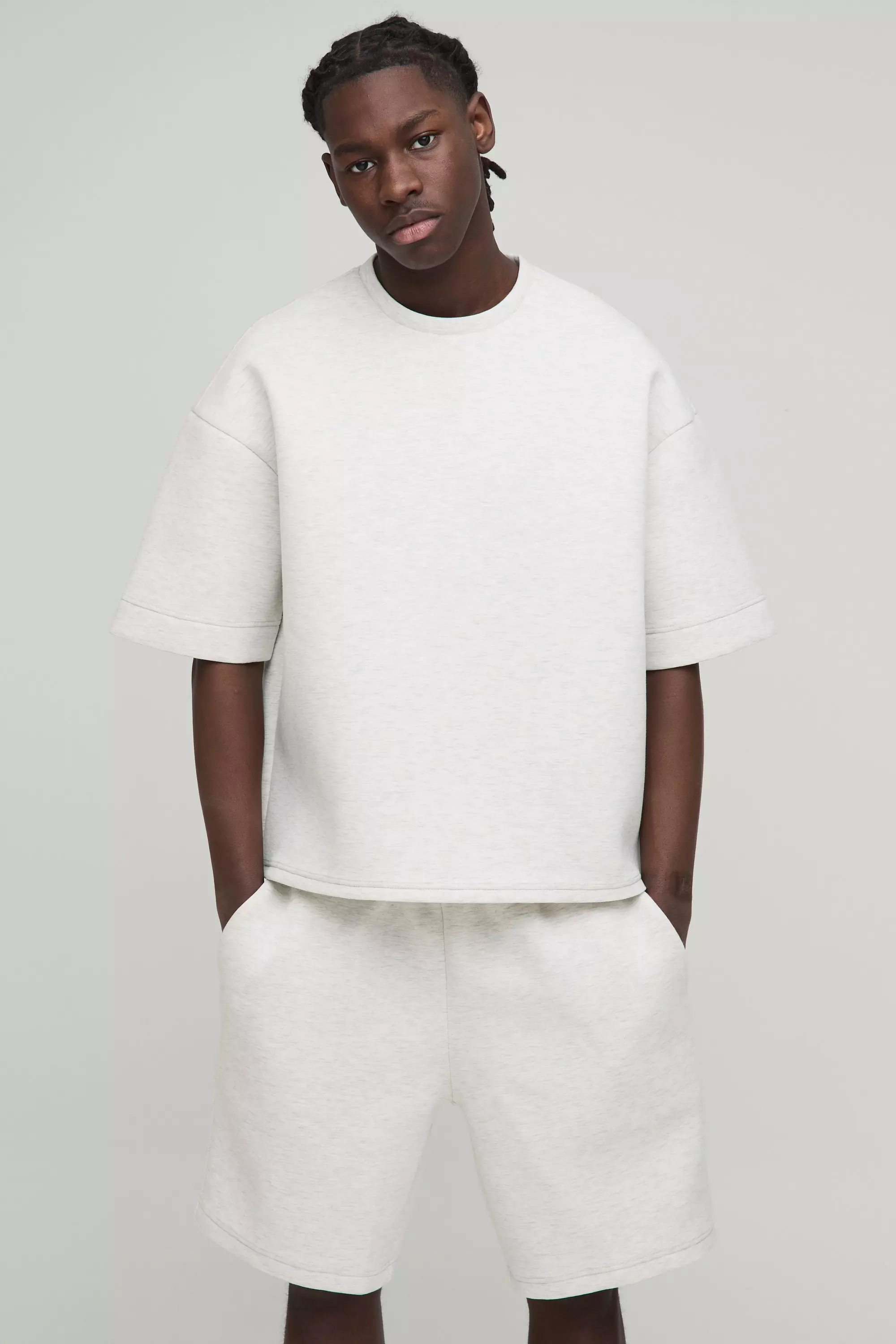 Oversized Boxy Bonded Scuba Short Set Grey marl
