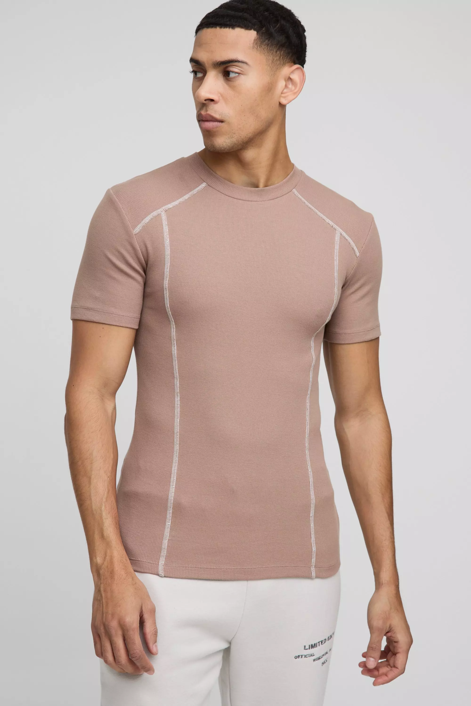 Muscle Fit Rib Contrast Stitch T-Shirt tobacco