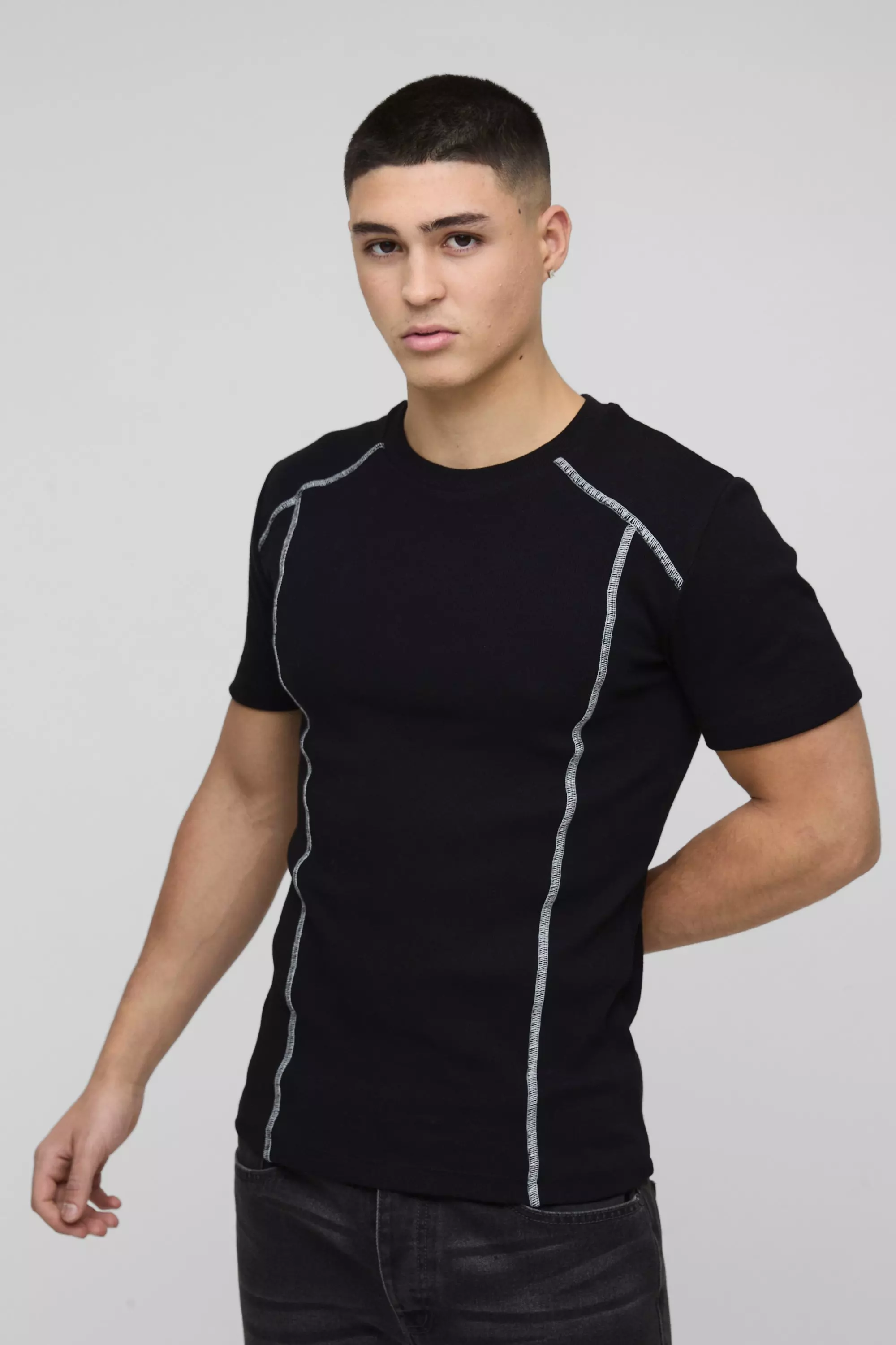 Muscle Fit Rib Contrast Stitch T-Shirt Black