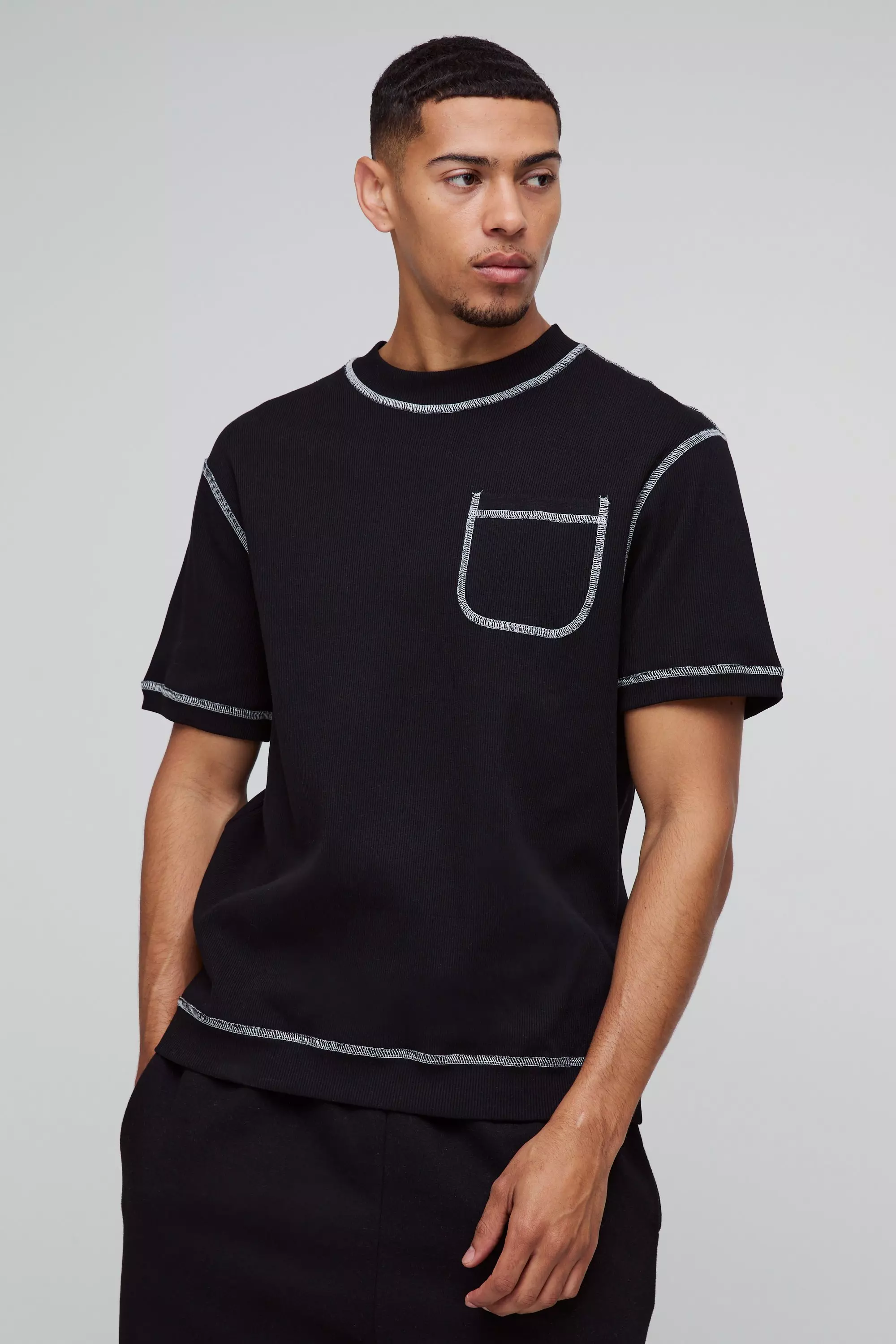 Boxy Rib Contrast Stitch T-Shirt Black