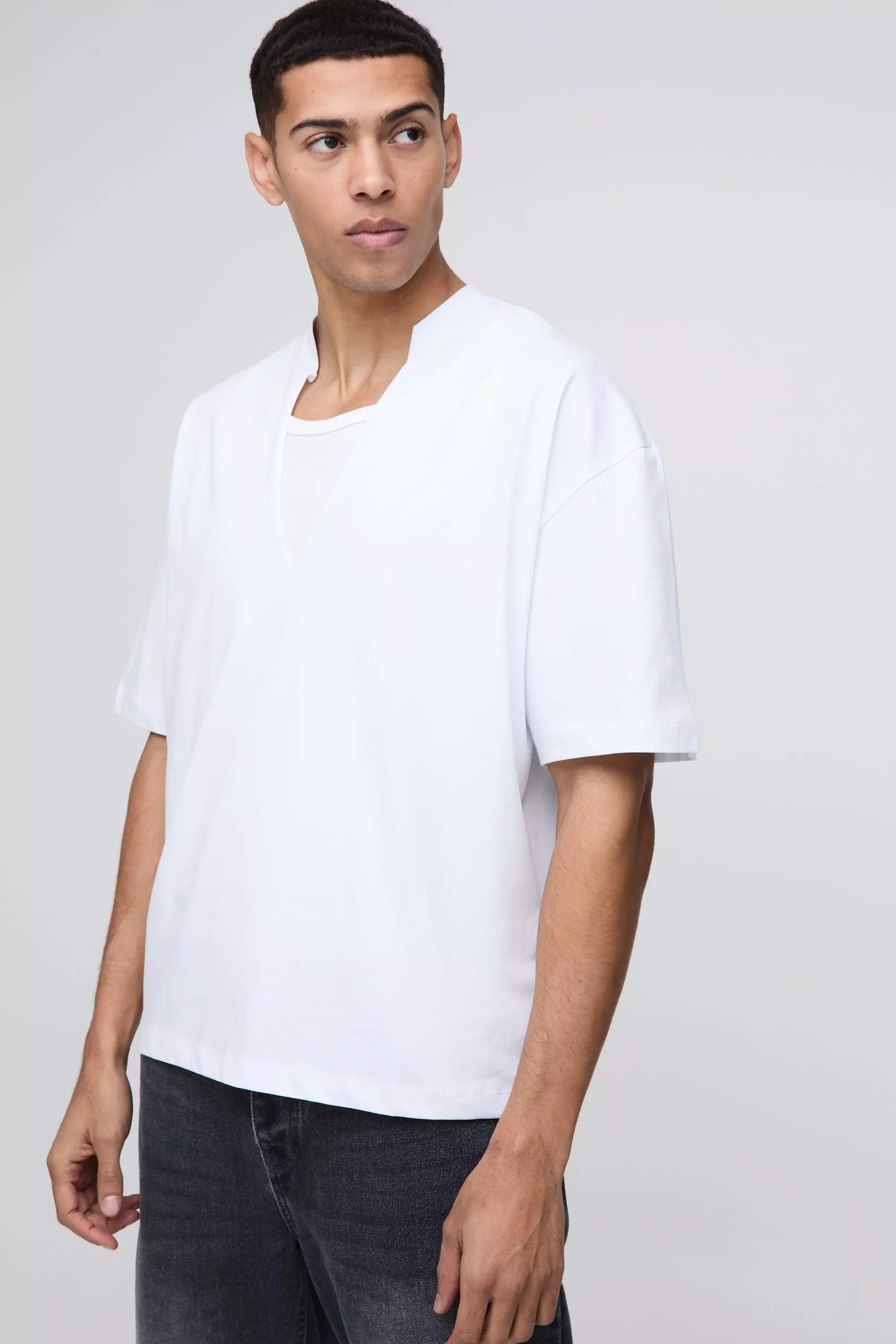 Oversized Boxy Deep V Neck T-Shirt White