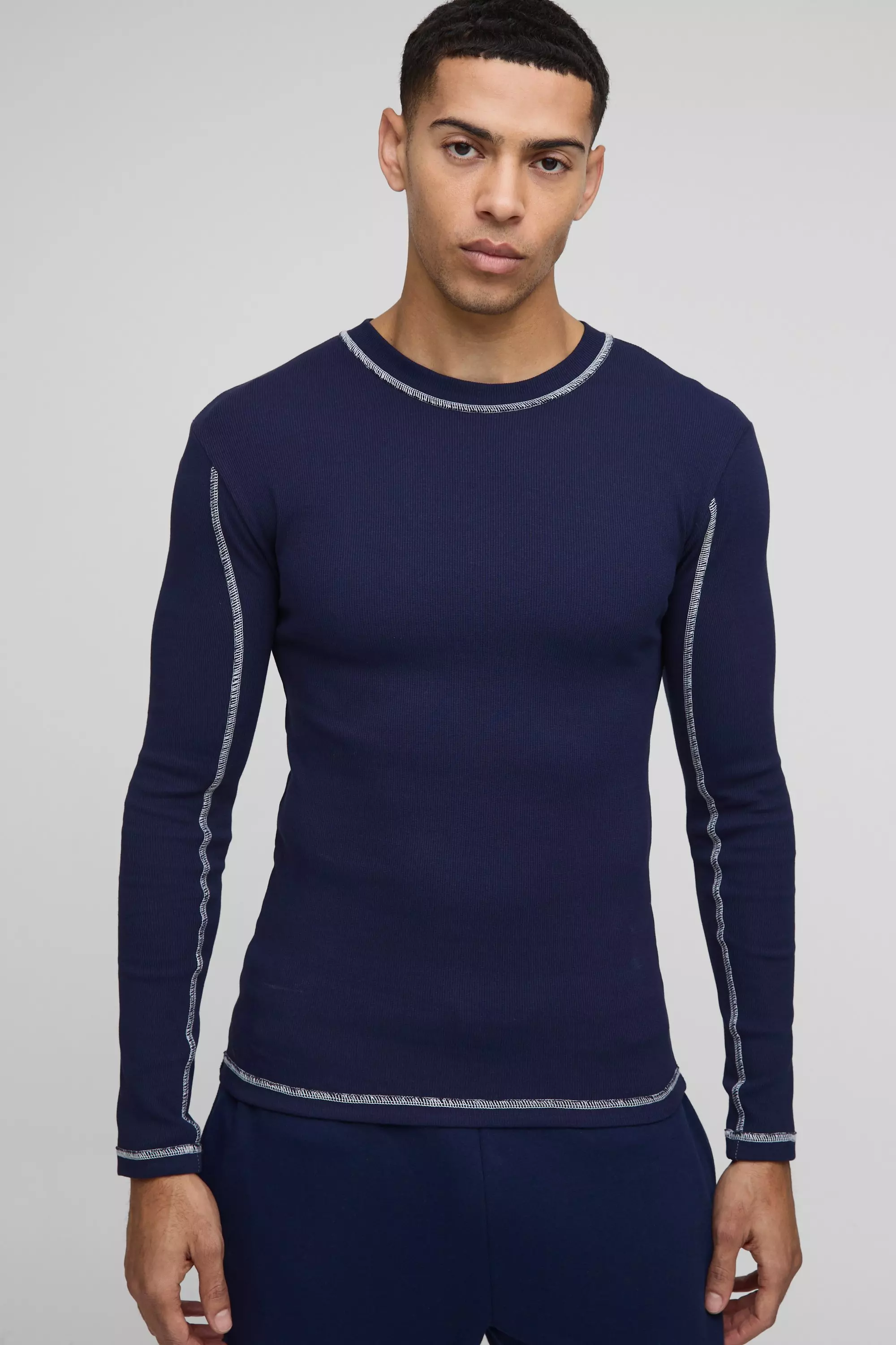 Muscle Contrast Stitch Long Sleeve Rib T-Shirt Navy