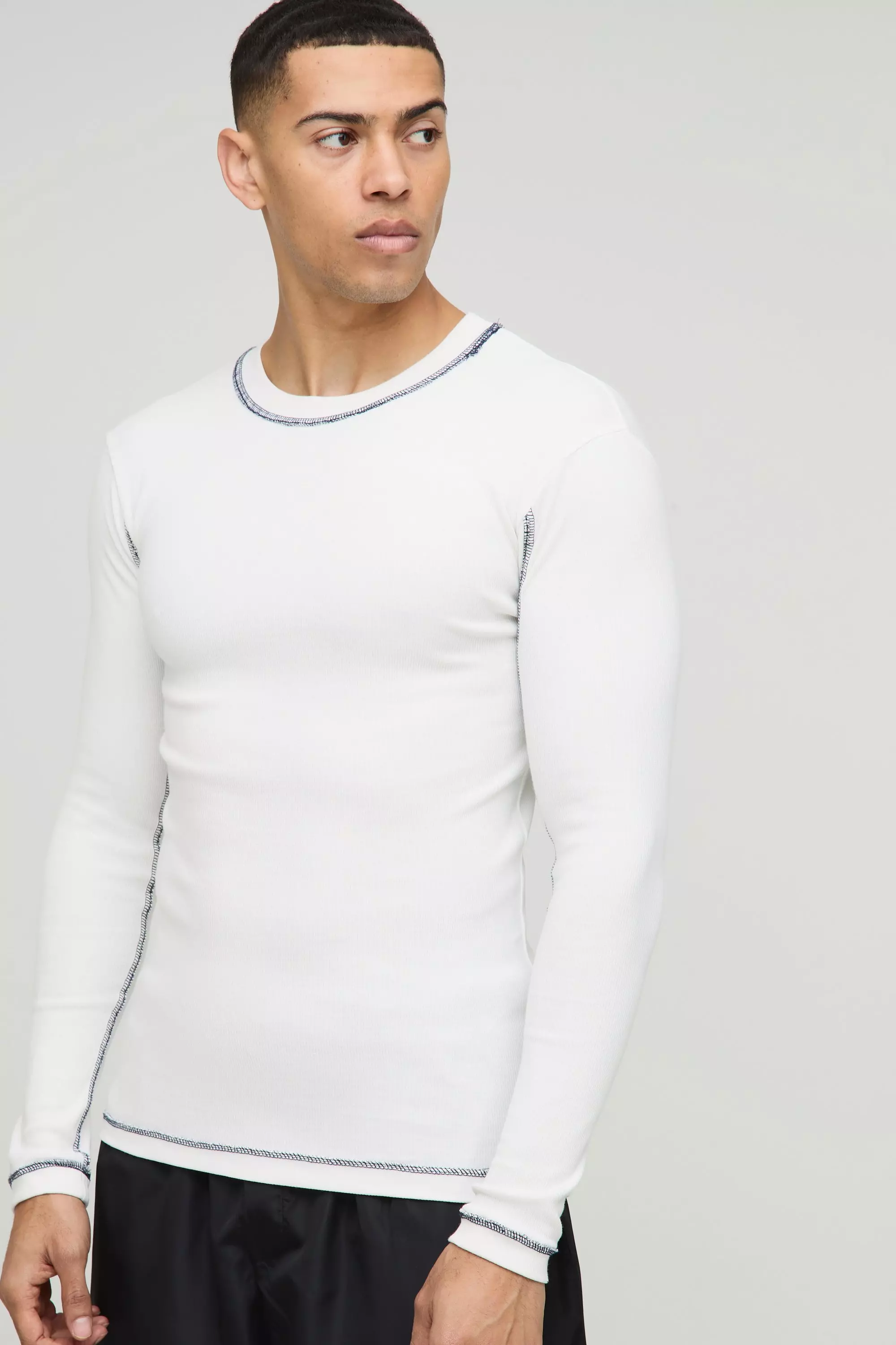 Muscle Contrast Stitch Long Sleeve Rib T-Shirt Ecru