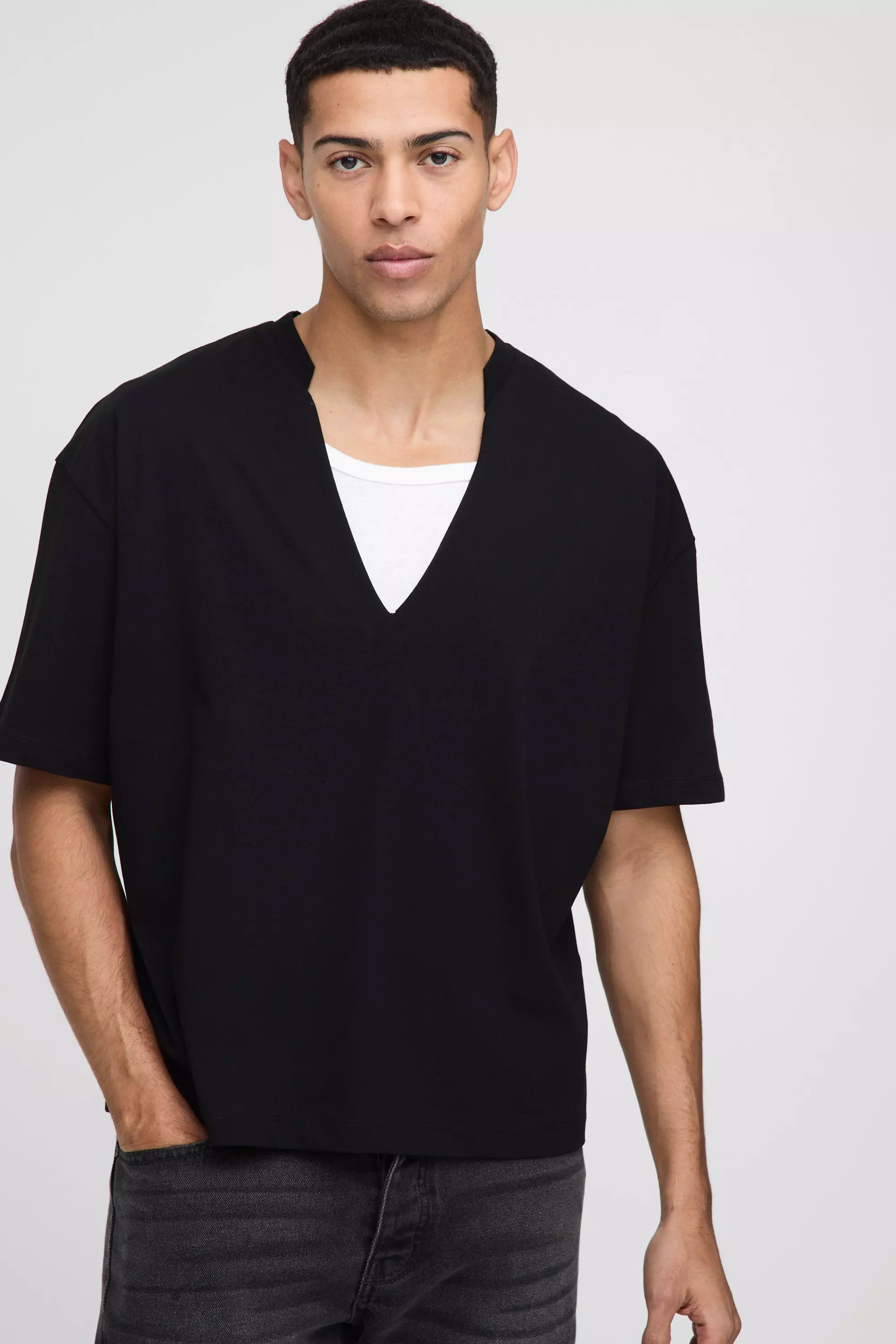 Oversized Boxy Deep V Neck T-Shirt Black