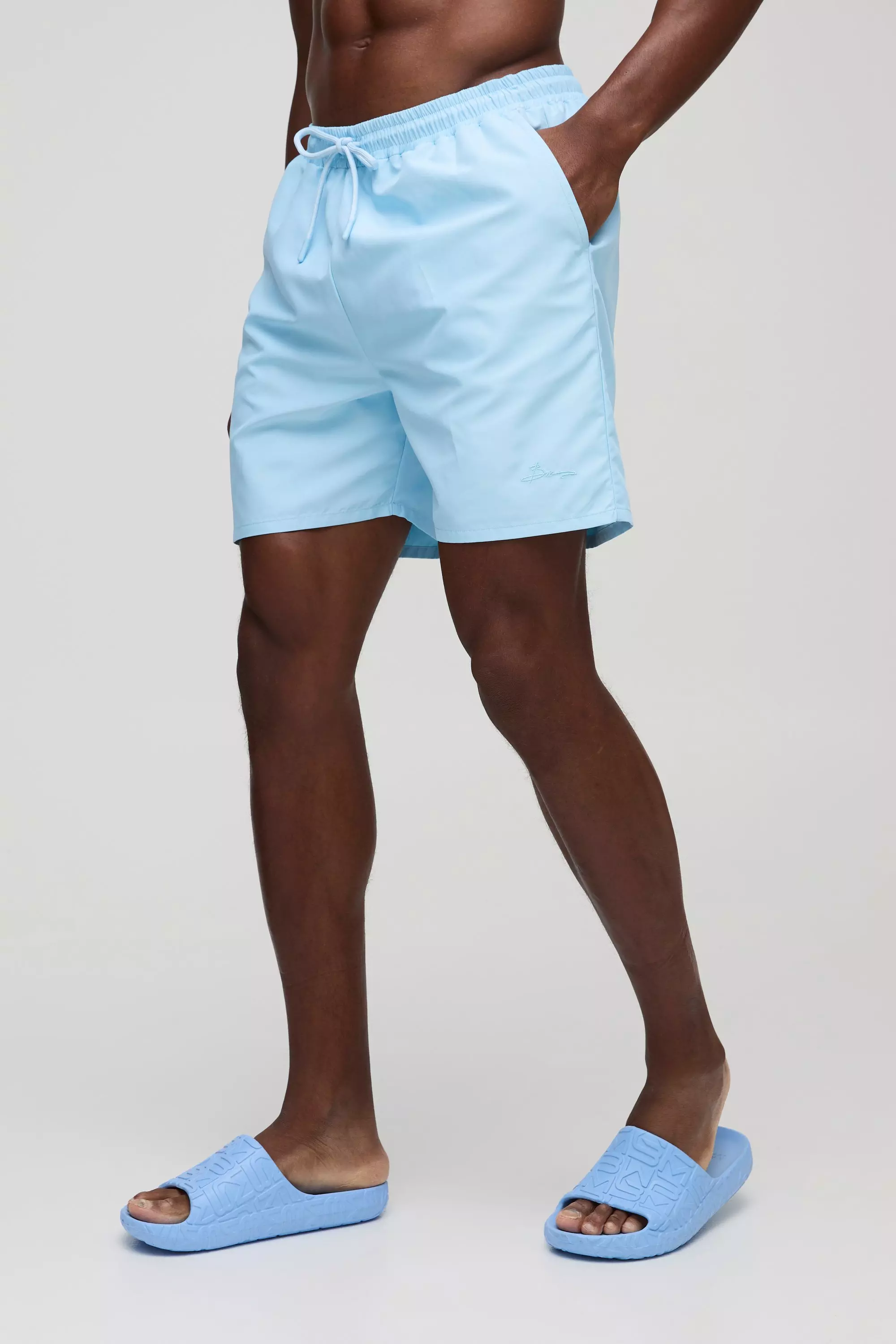 Branded Mid Length Swim Short in Light Blue alternative image
