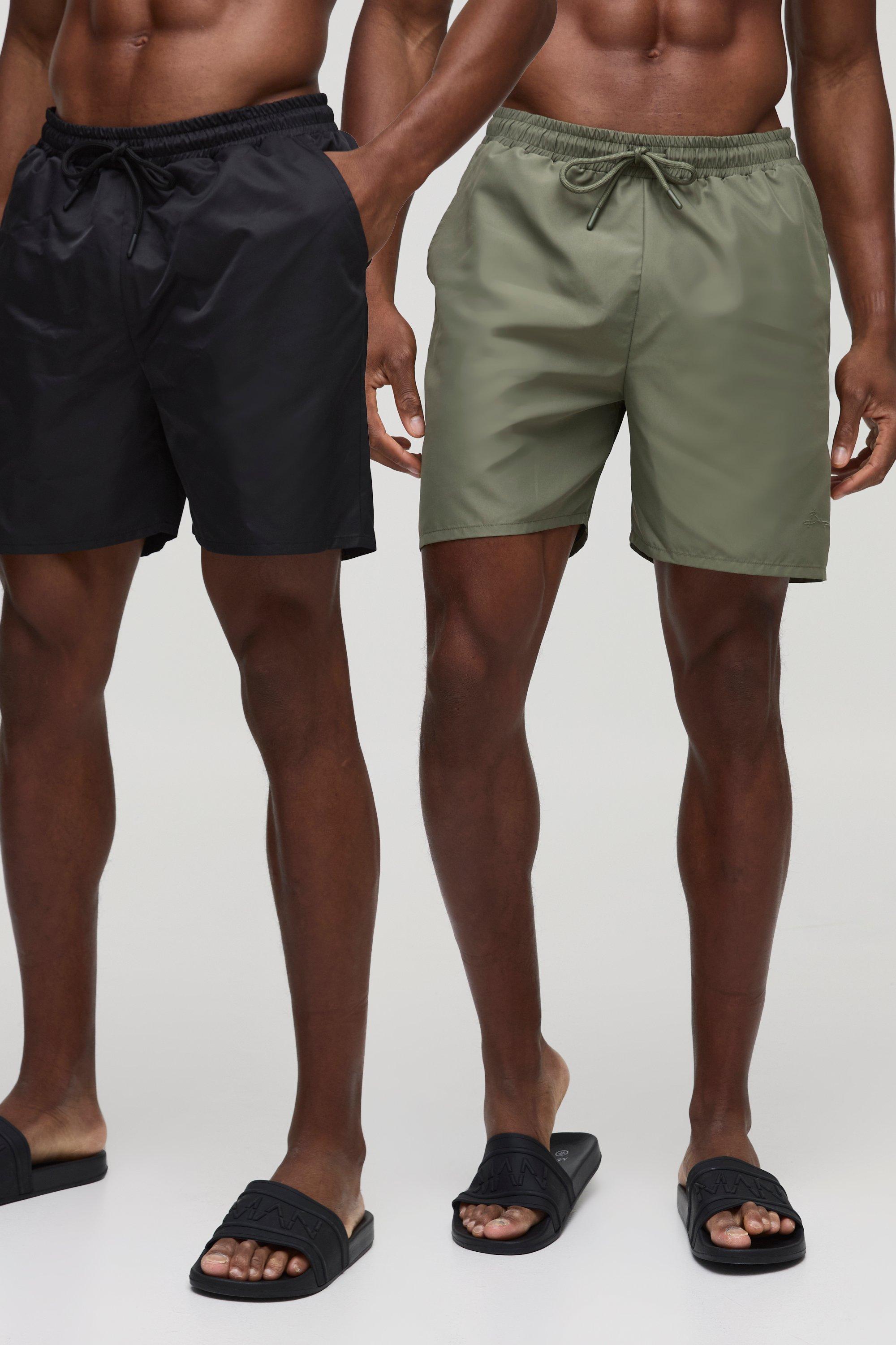 2 Pack Mid Length Swim Trunks in Black and Khaki | boohooMAN USA