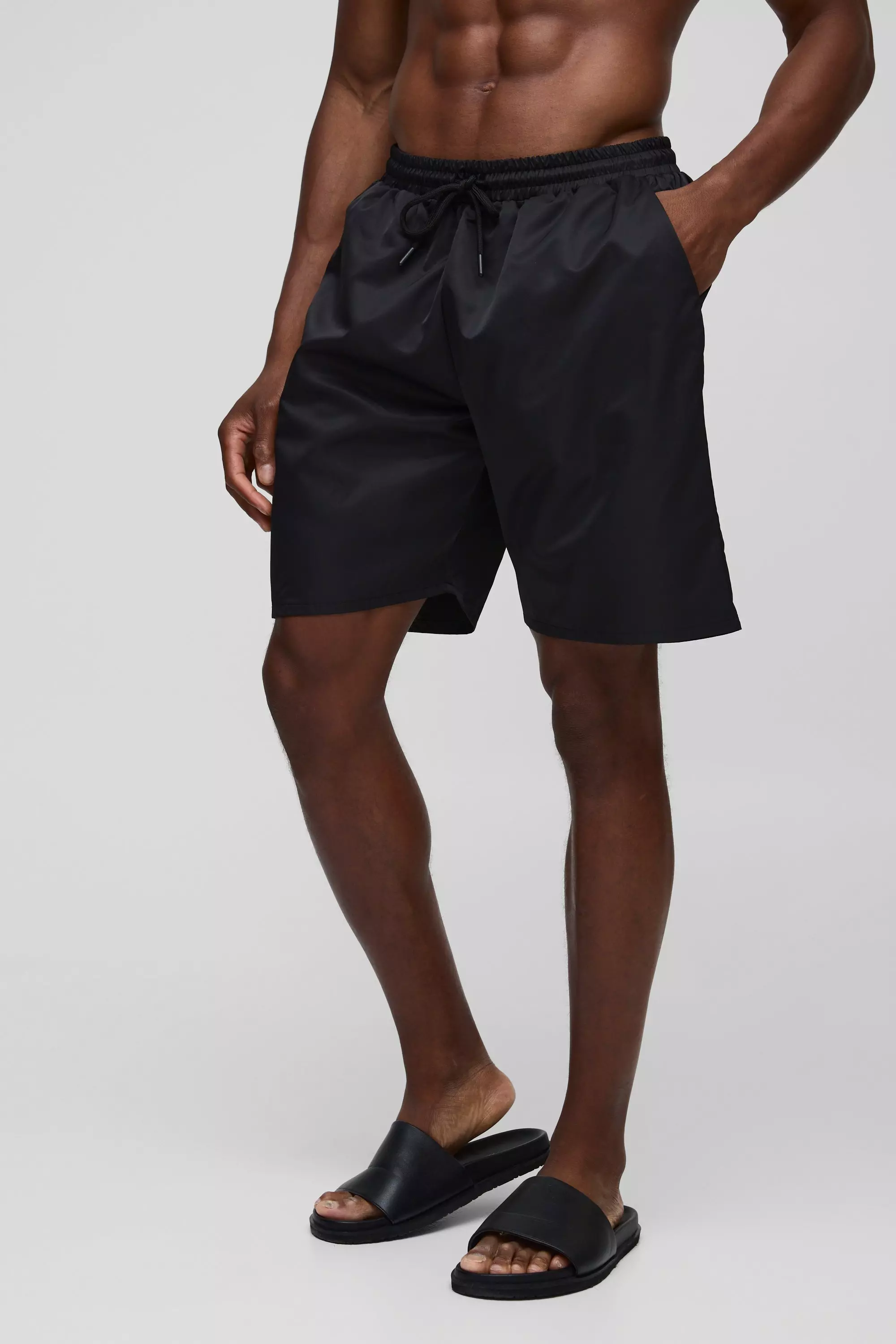 Black Long Length Swim Short in Black