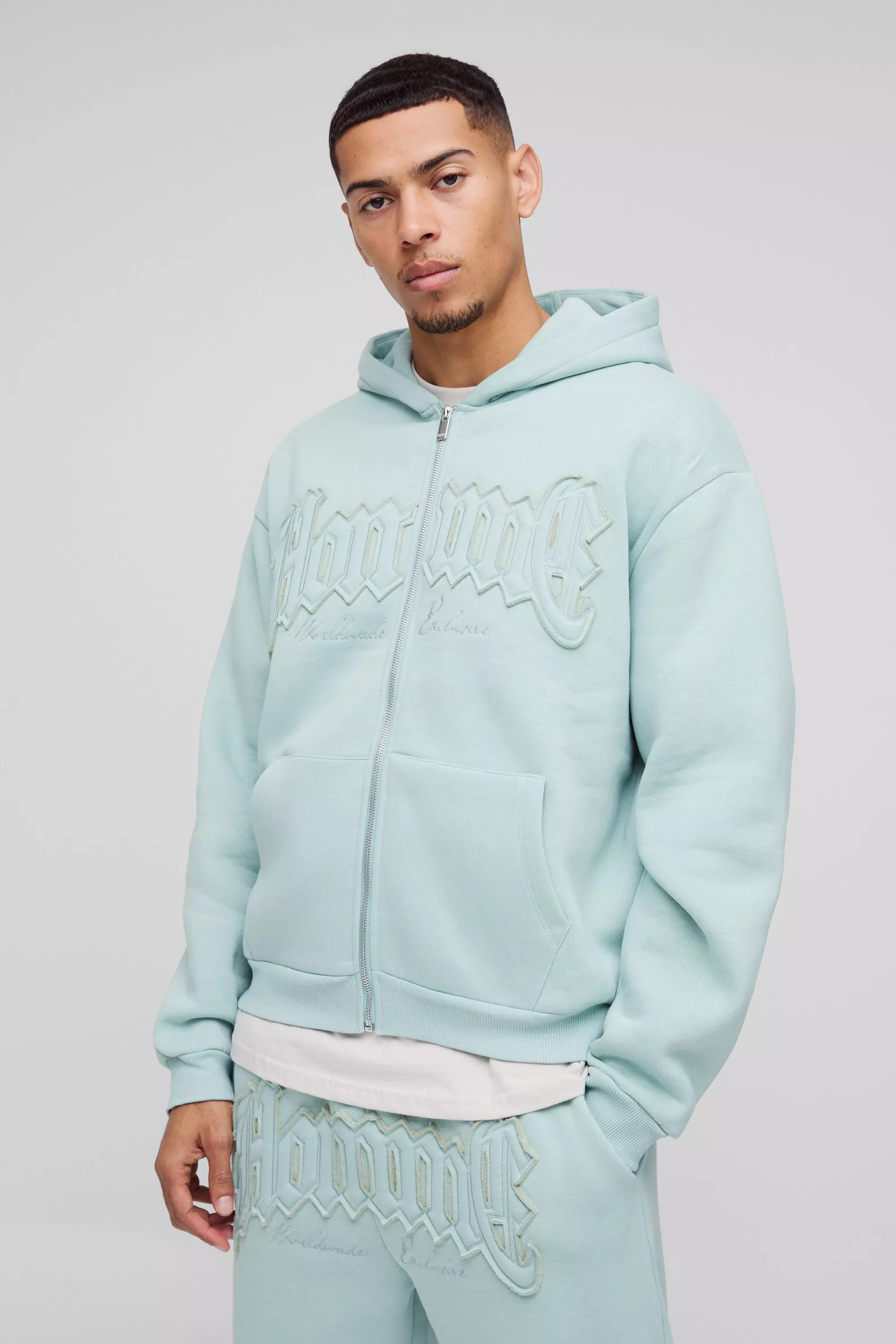 Light blue Oversized Homme Applique Zip Through Hoodie  alternative image