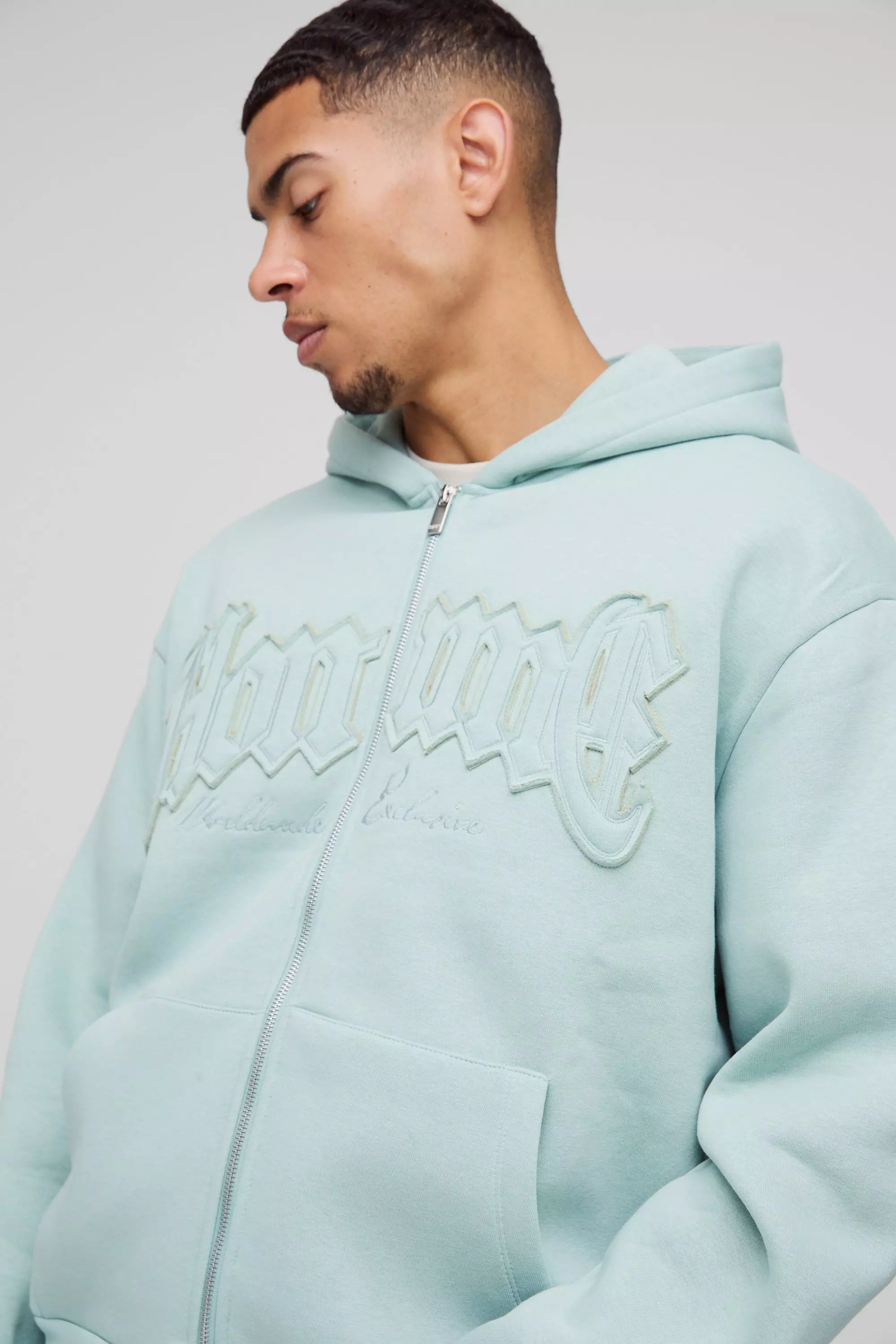 Light blue Oversized Homme Applique Zip Through Hoodie  alternative image