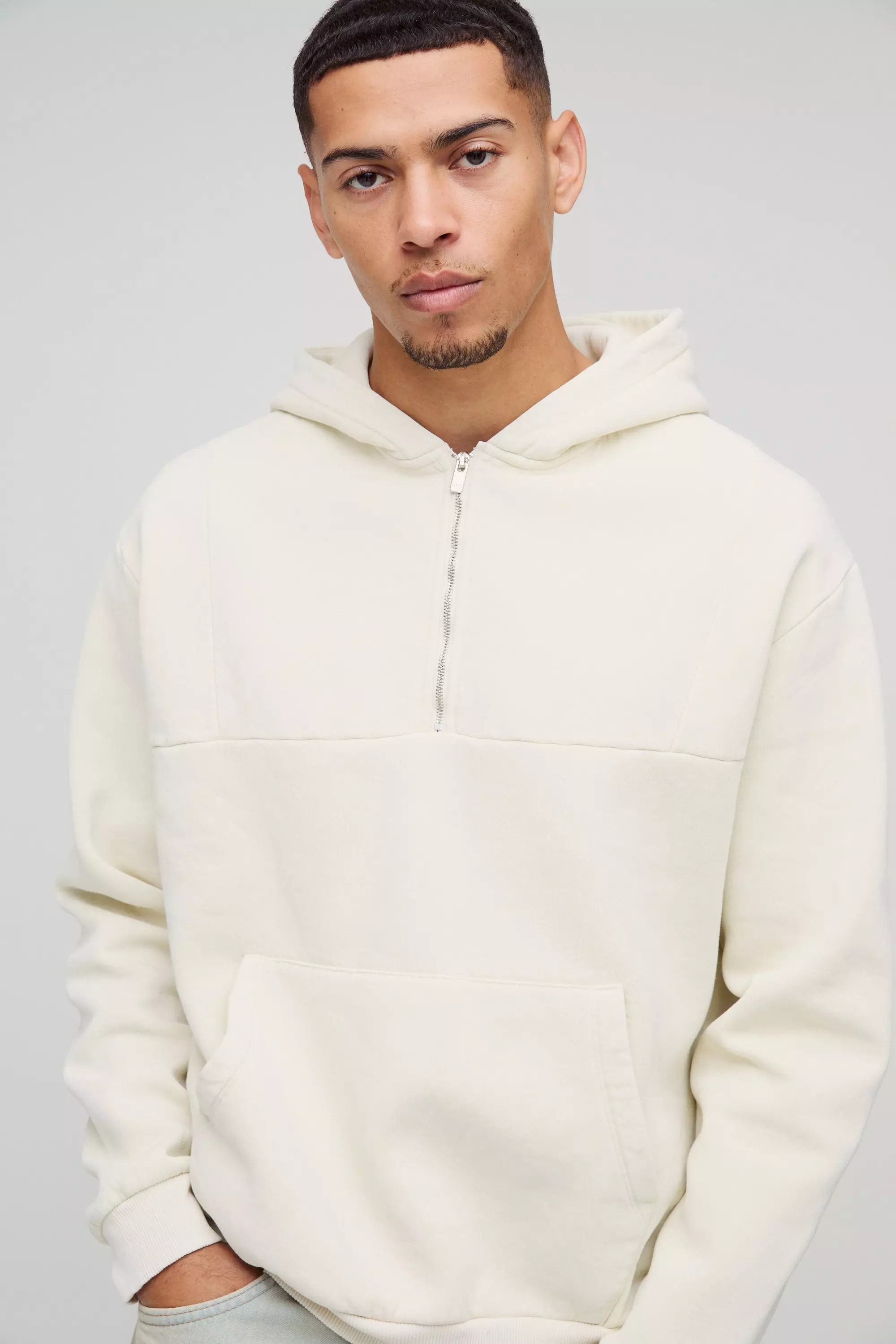 Stone Oversized Boxy Quarter Zip Washed Hoodie  alternative image