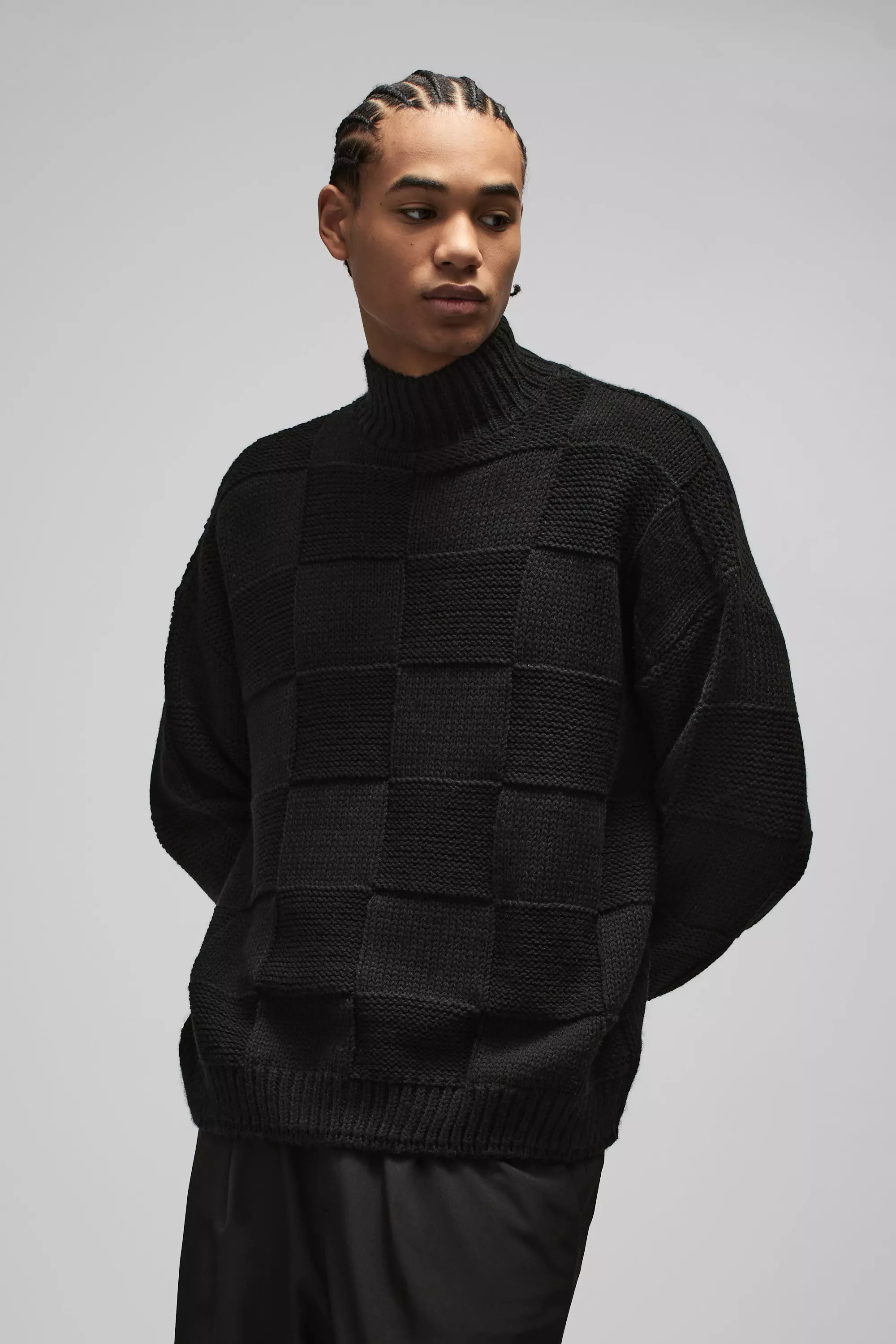 Black Oversized Check Funnel Neck Knitted Jumper alternative image