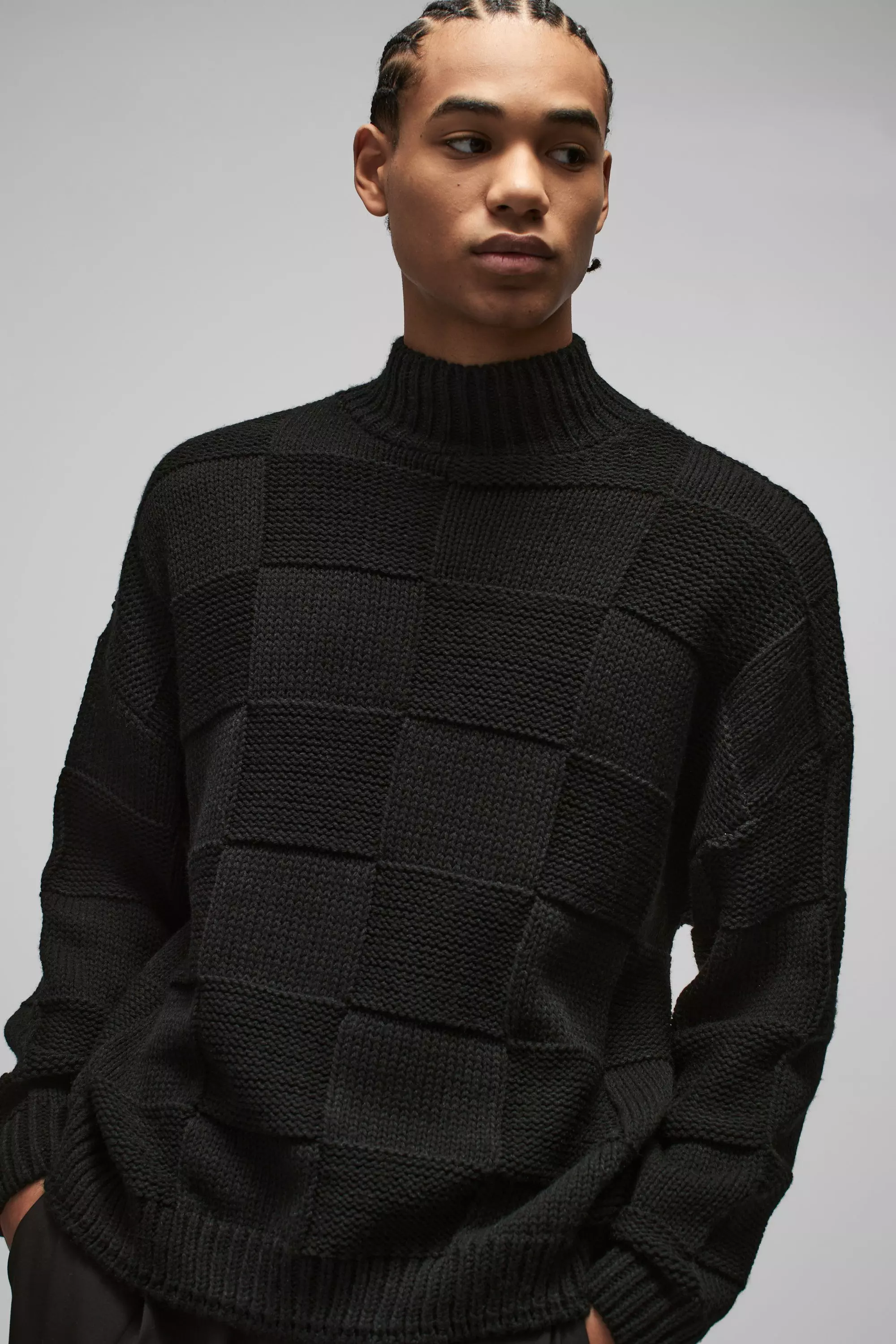 Black Oversized Check Funnel Neck Knitted Jumper alternative image