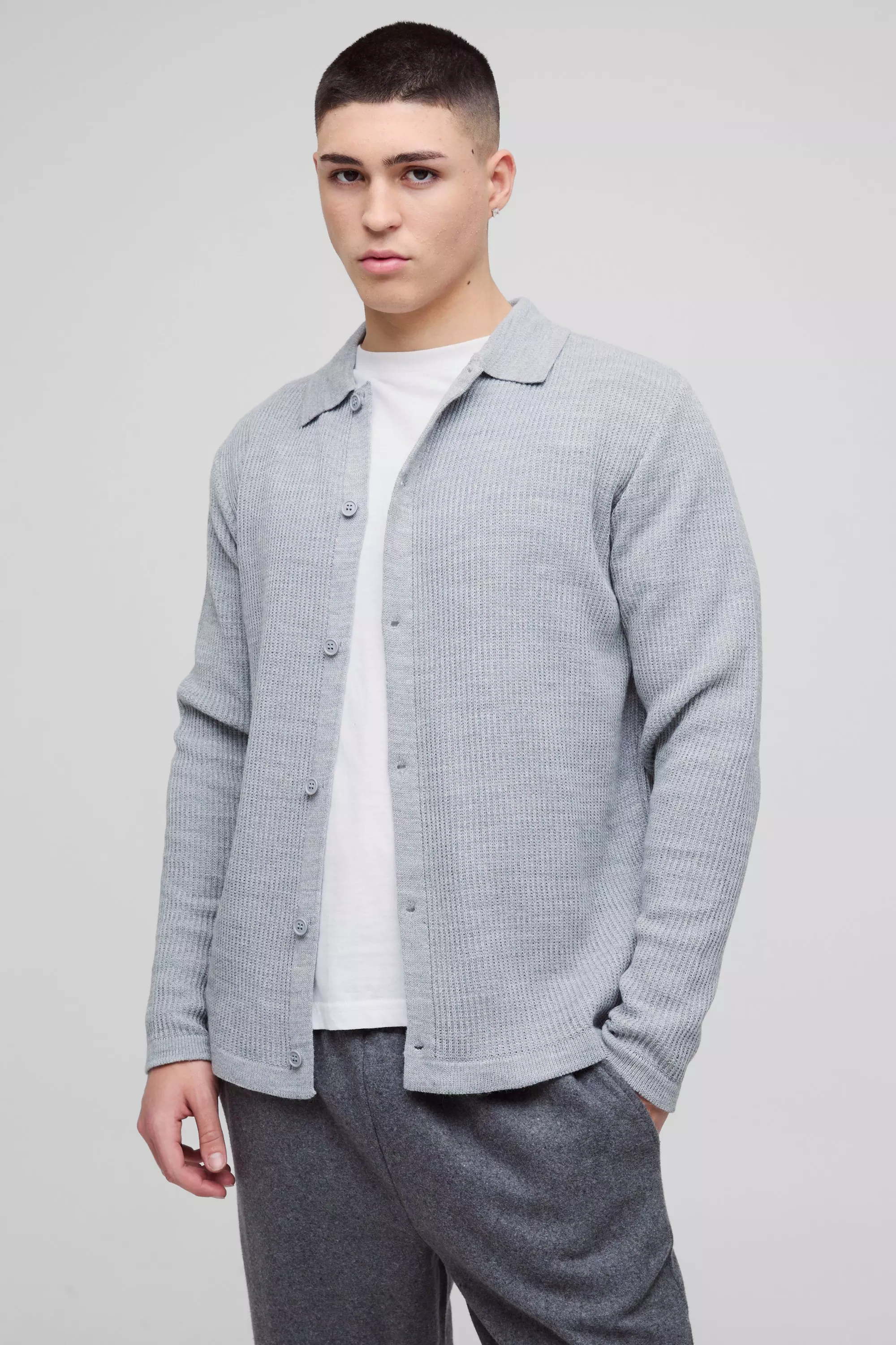Grey Regular Collared Knitted Shirt alternative image