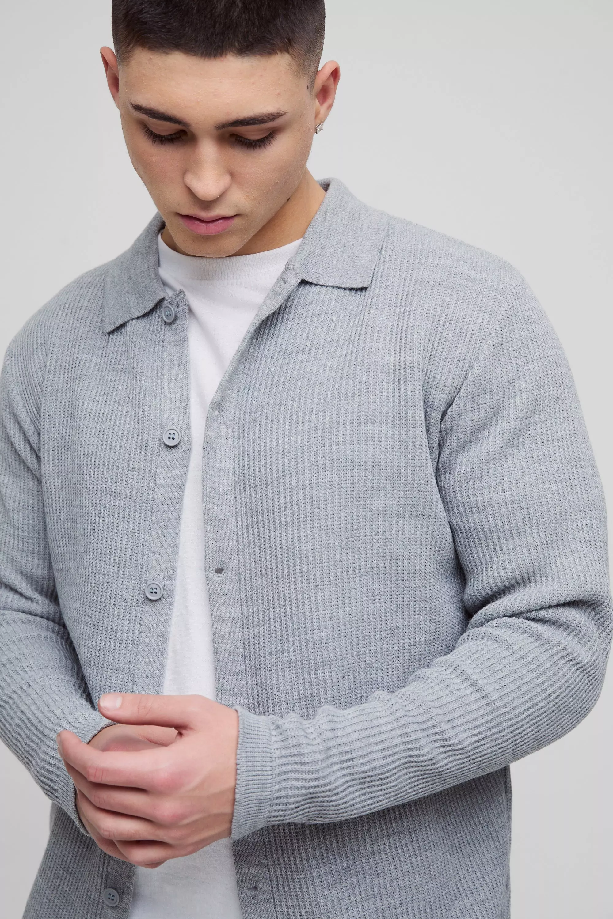 Grey Regular Collared Knitted Shirt alternative image