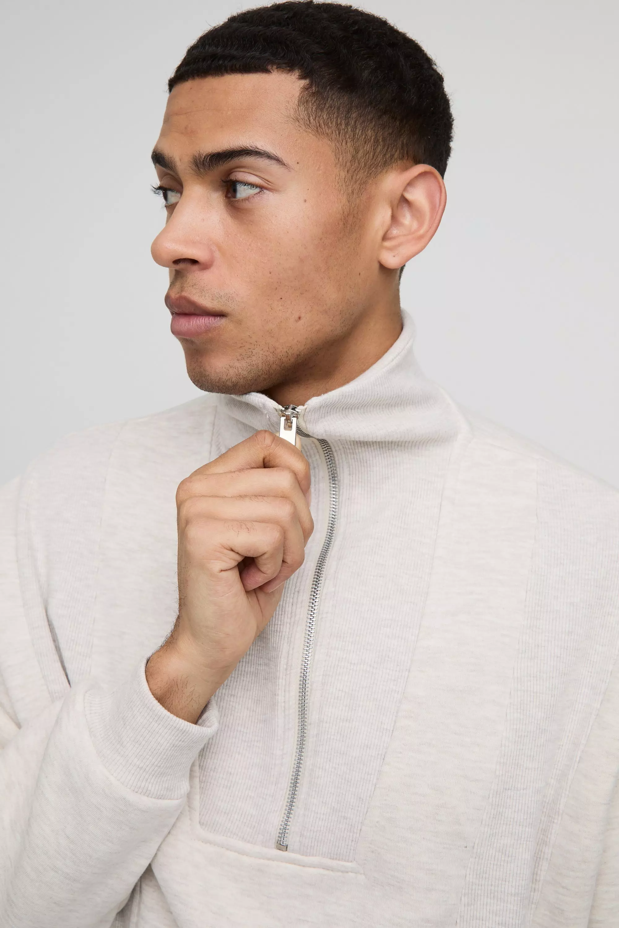 Ecru marl Oversized Rib Detail Funnel Neck Sweatshirt  alternative image