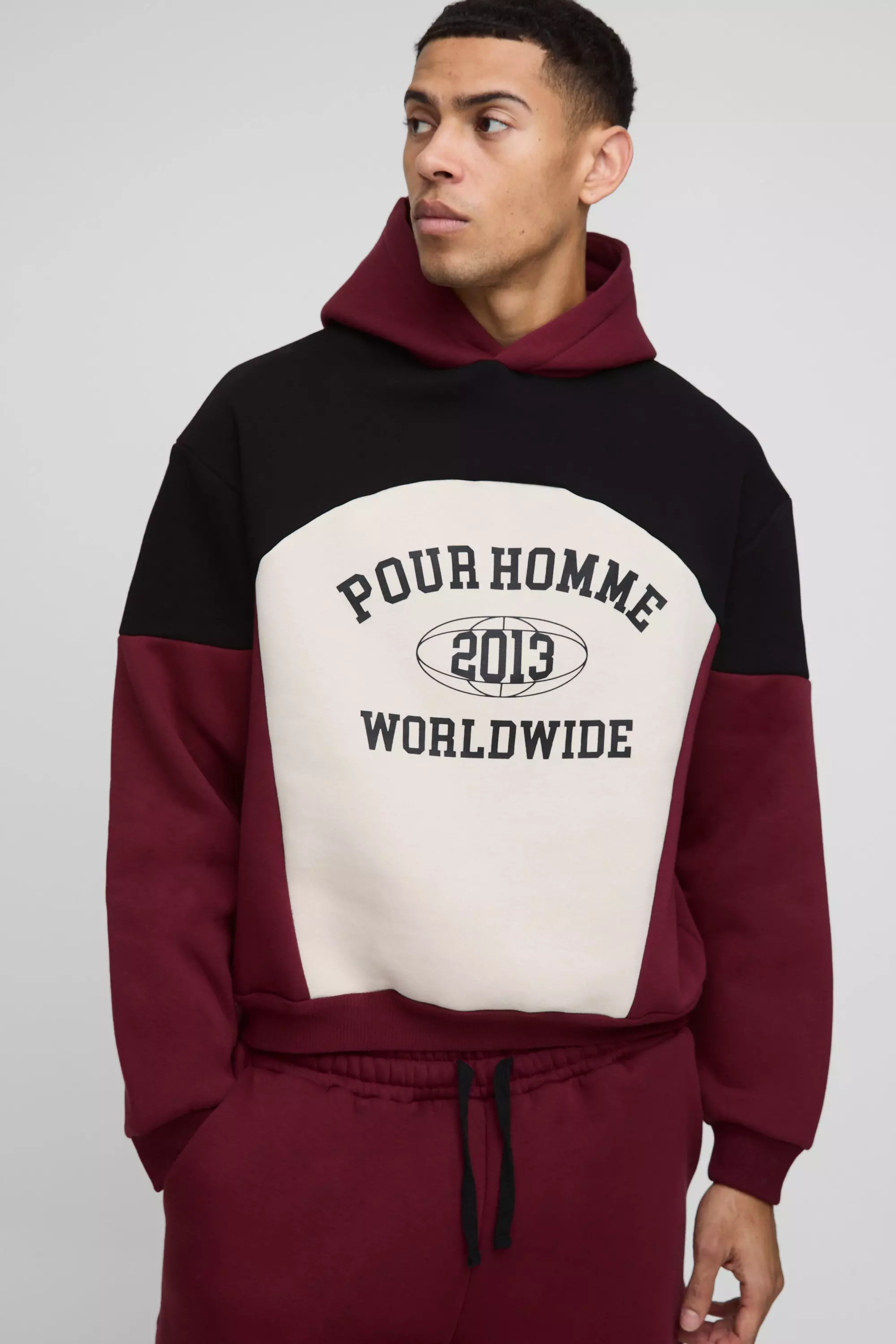 Burgundy Oversized Boxy Colour Block Pour Homme Hoodie alternative image