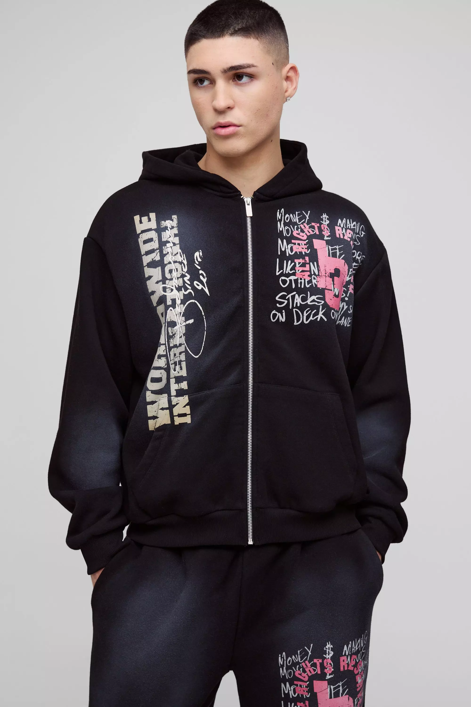 Sweat à capuche oversize zippé délavé, Black autre image