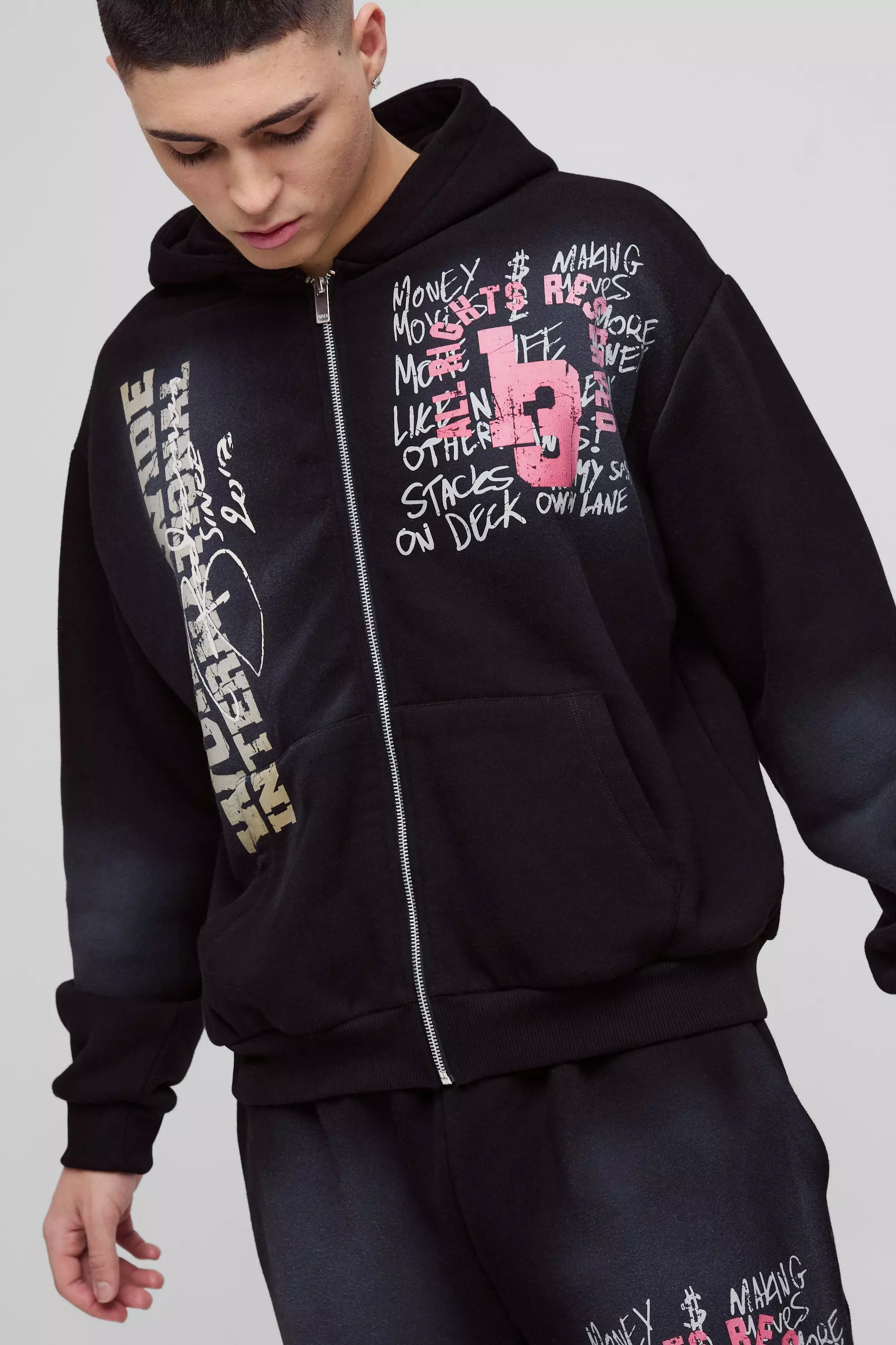 Sweat à capuche oversize zippé délavé, Black autre image